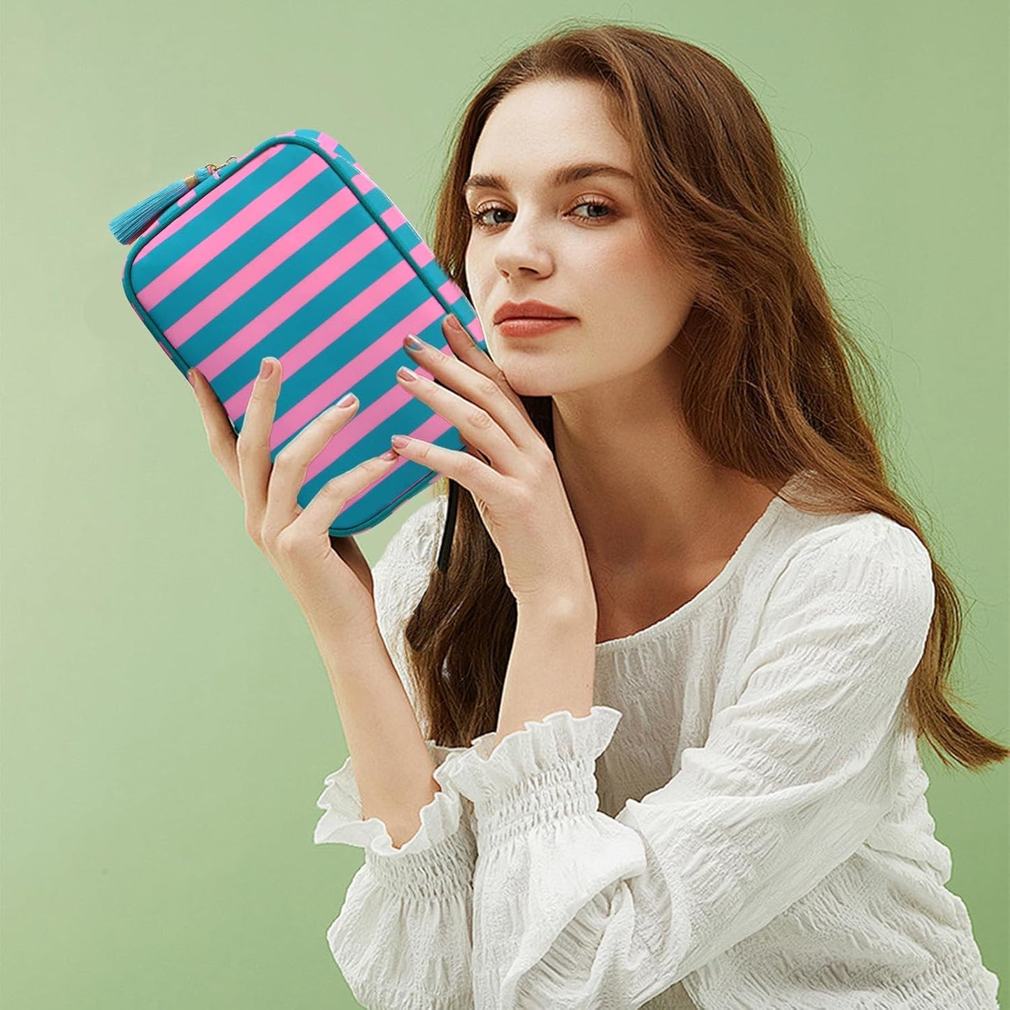 Stripe Makeup Bag Travel Cosmetic Bag Organizer Tassel Toiletry Bag Large Canvas Zipper Pouch and Accessories Storage Bag for Women