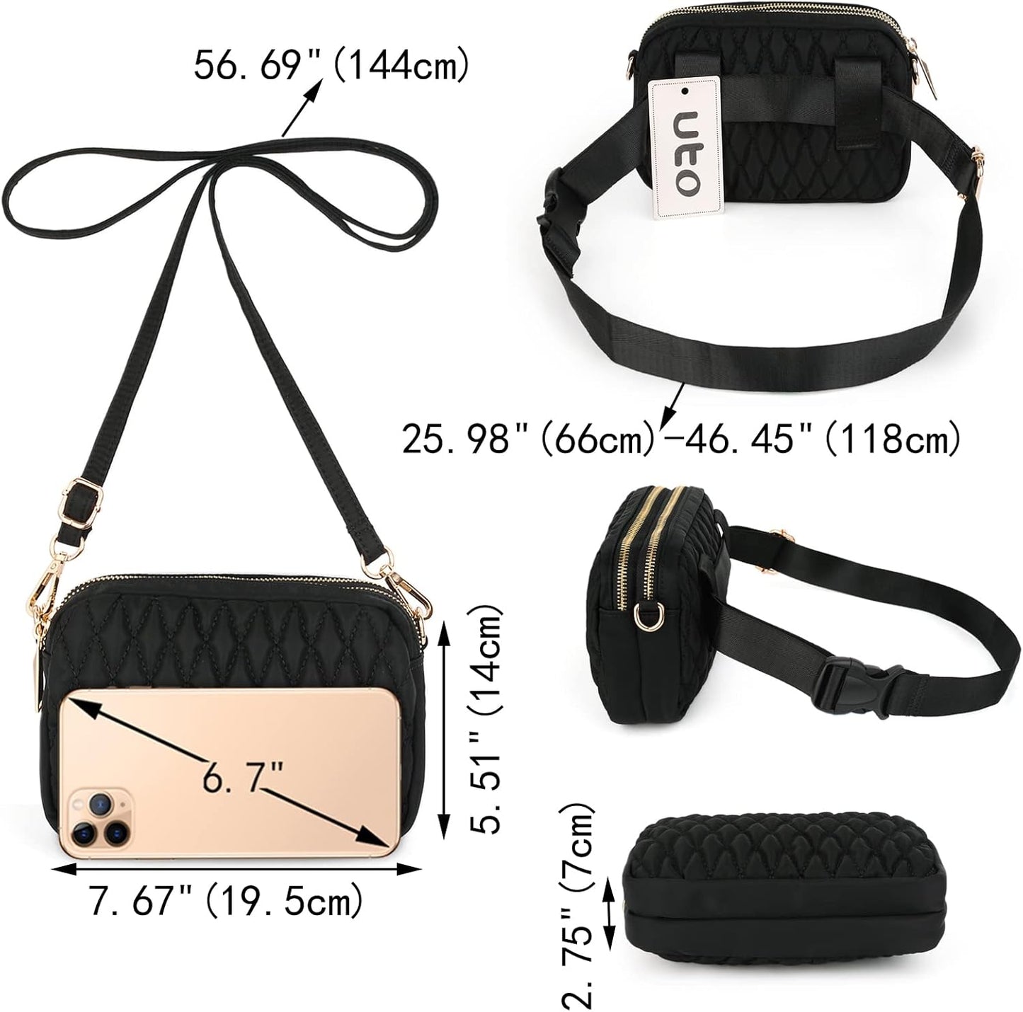 UTO Fanny Pack for Women 5 Ways Convertible Chest Bag Waterproof Fashion Lightweight Travel Waist Pack Purse
