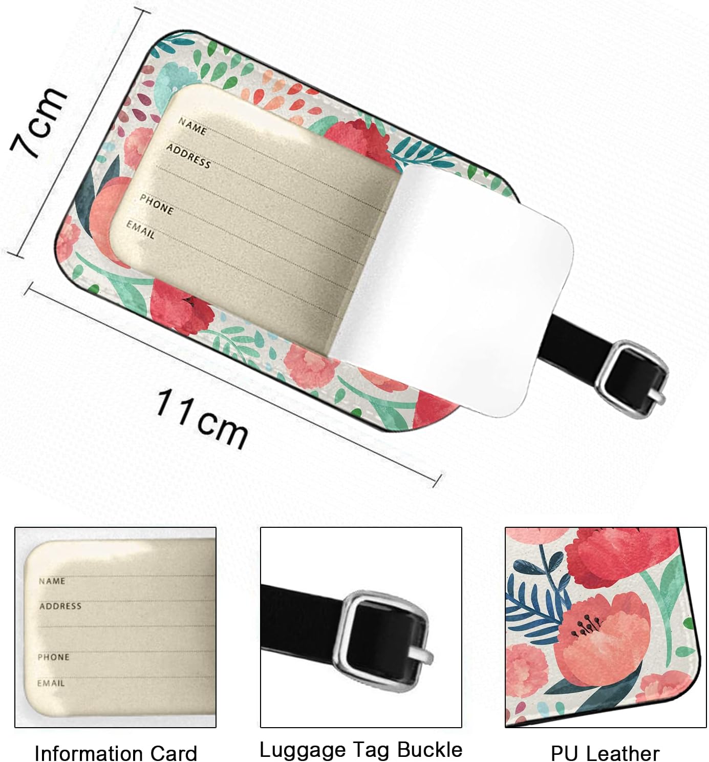 Colorful Flowers Travel Bag Tag Green Leaves Plants Beauty PU Leather Name ID Labels with Privacy Cover for Men Women Suitcase, 1 Pack