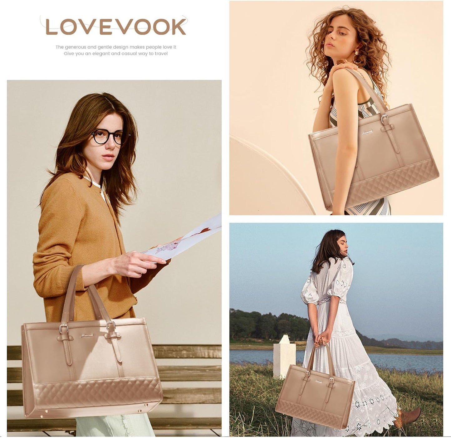 LOVEVOOK Fashion Laptop Tote Bag for Women, Khaki
