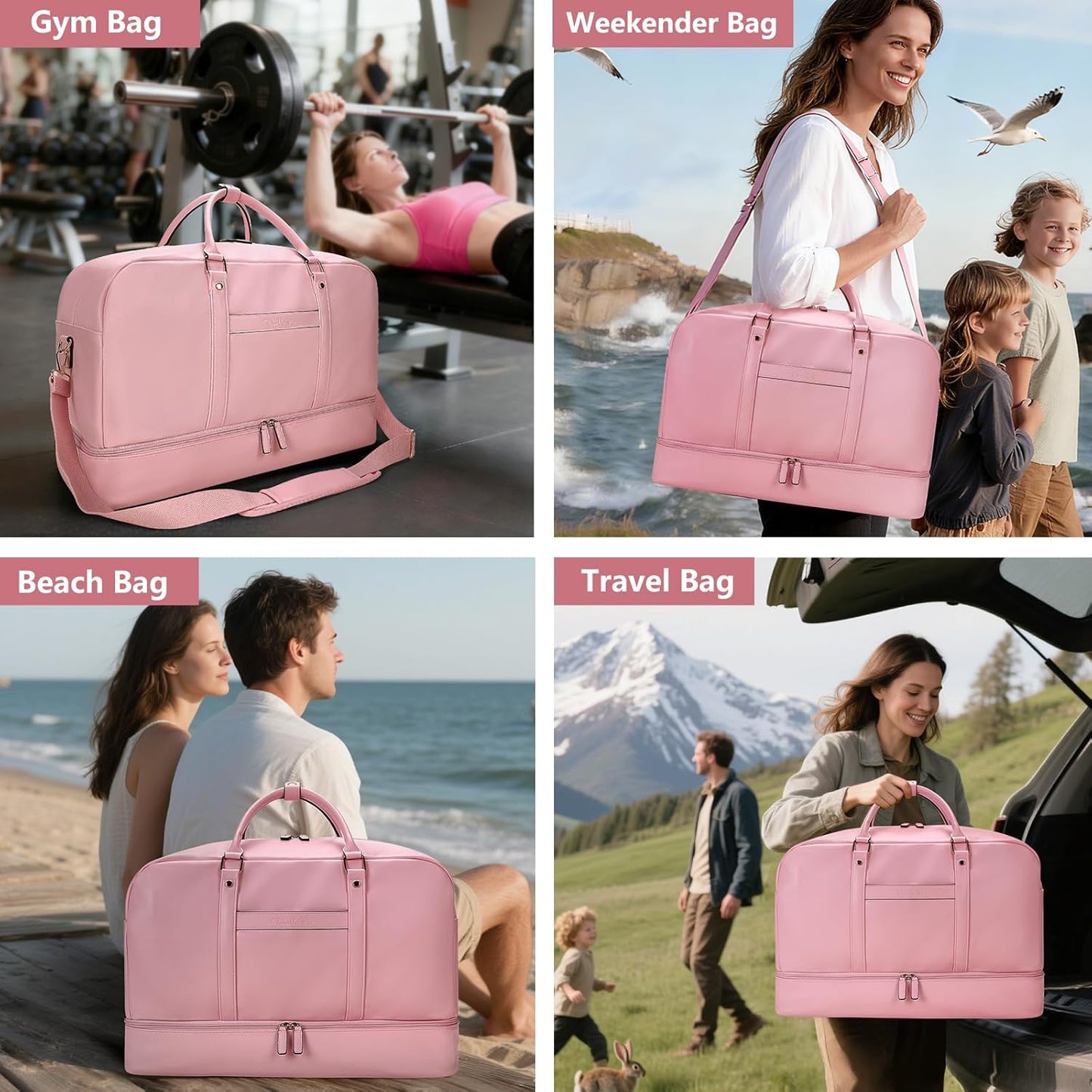4PCS Leather Duffle Bags, Weekender Bag for Women Men, Large Travel Duffel-Overnight Bag with Toiletry, Makeup, Shoulder Bag, Faux Leather Carry On with Shoe Compartment (Pink)