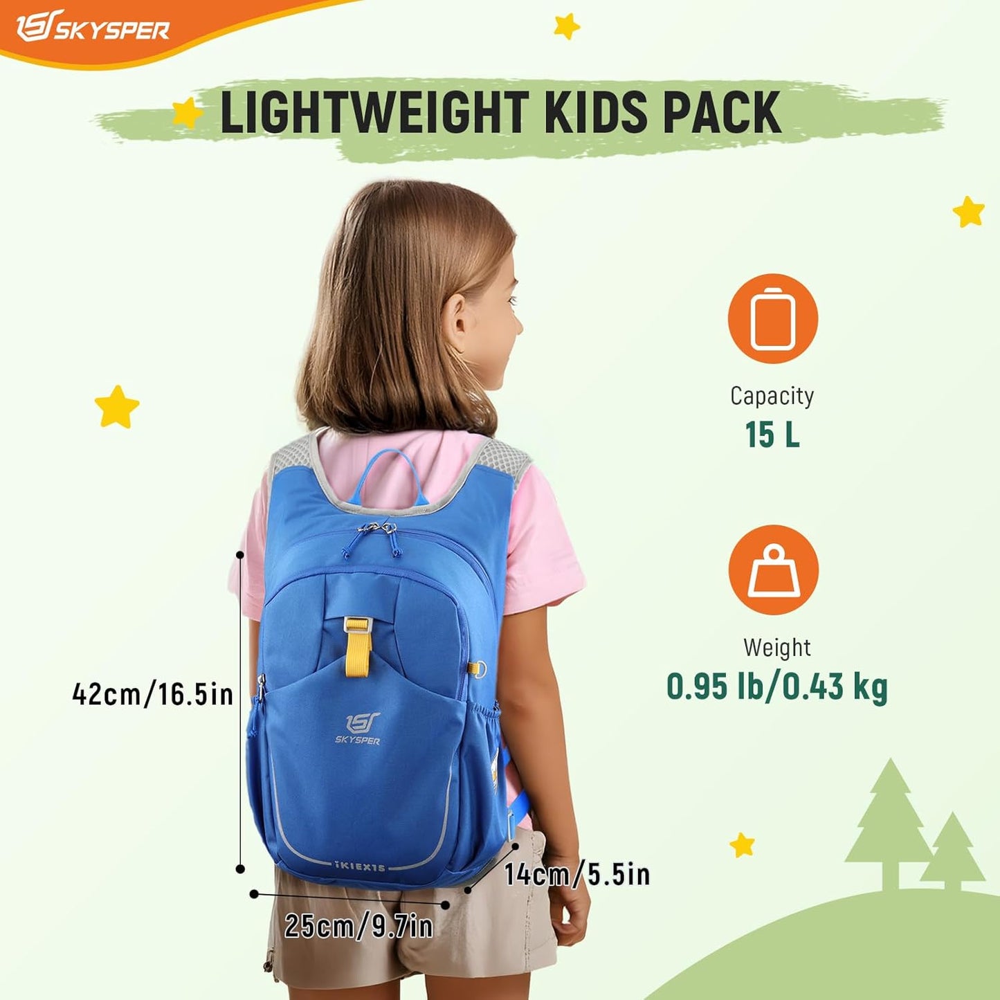 SKYSPER Kid Backpack for Boys Girls Kids Travel Backpack Day Pack for Outdoor Day Trips Kids 16" tall(Blue)