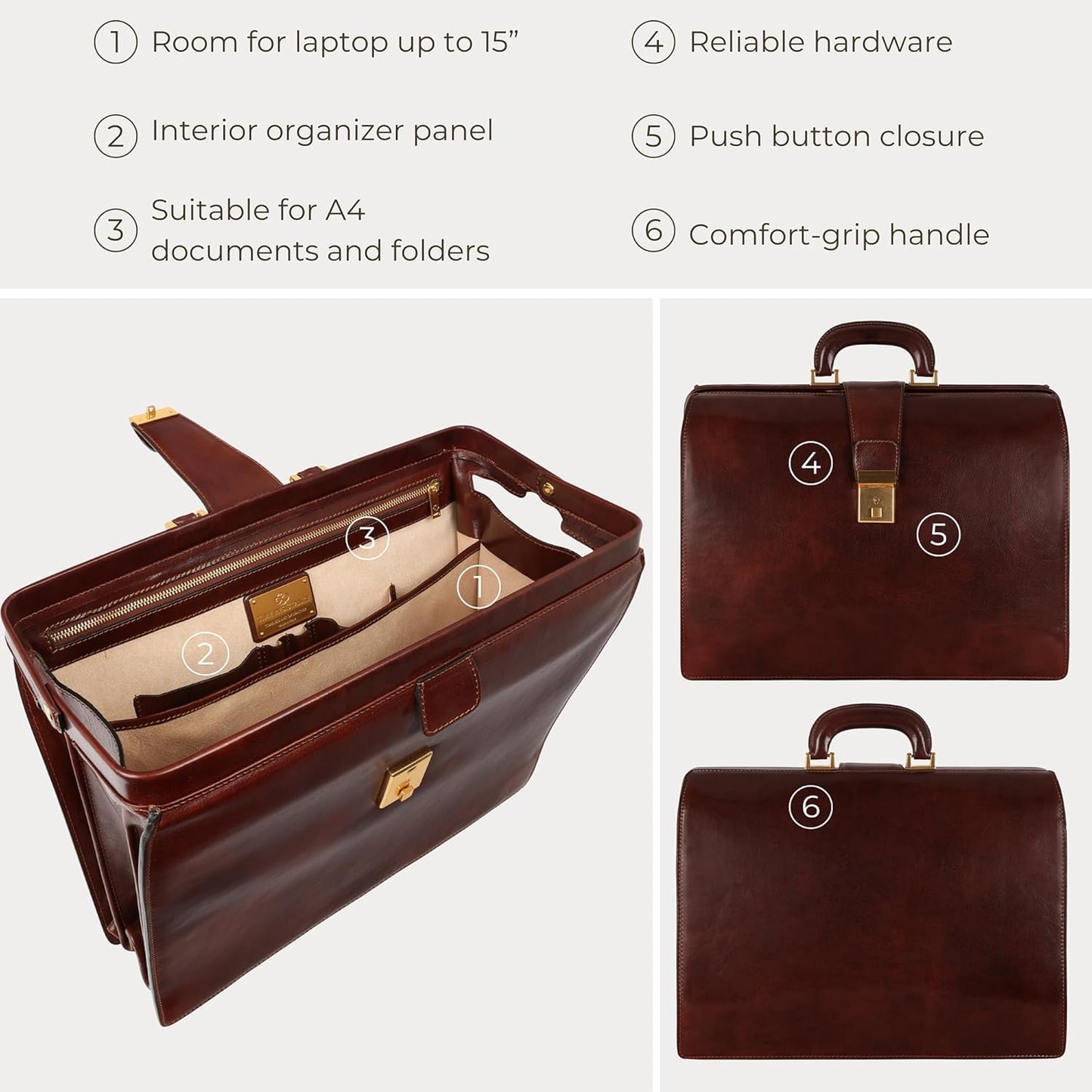 Time Resistance Leather Lawyer Briefcase - Italian Handmade Laptop Briefcase for Men and Women - Attache Case - Doctor Bag