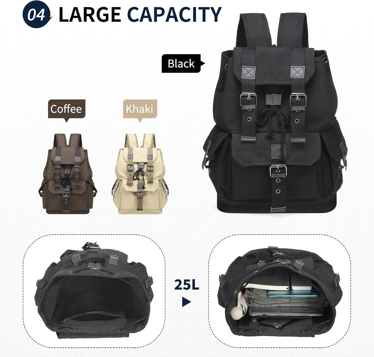 Vintage Canvas Backpack for Men Women, Durable Casual Daypack, Large Capacity Travel Rucksack Fits for Hiking and Daily Use (Black)