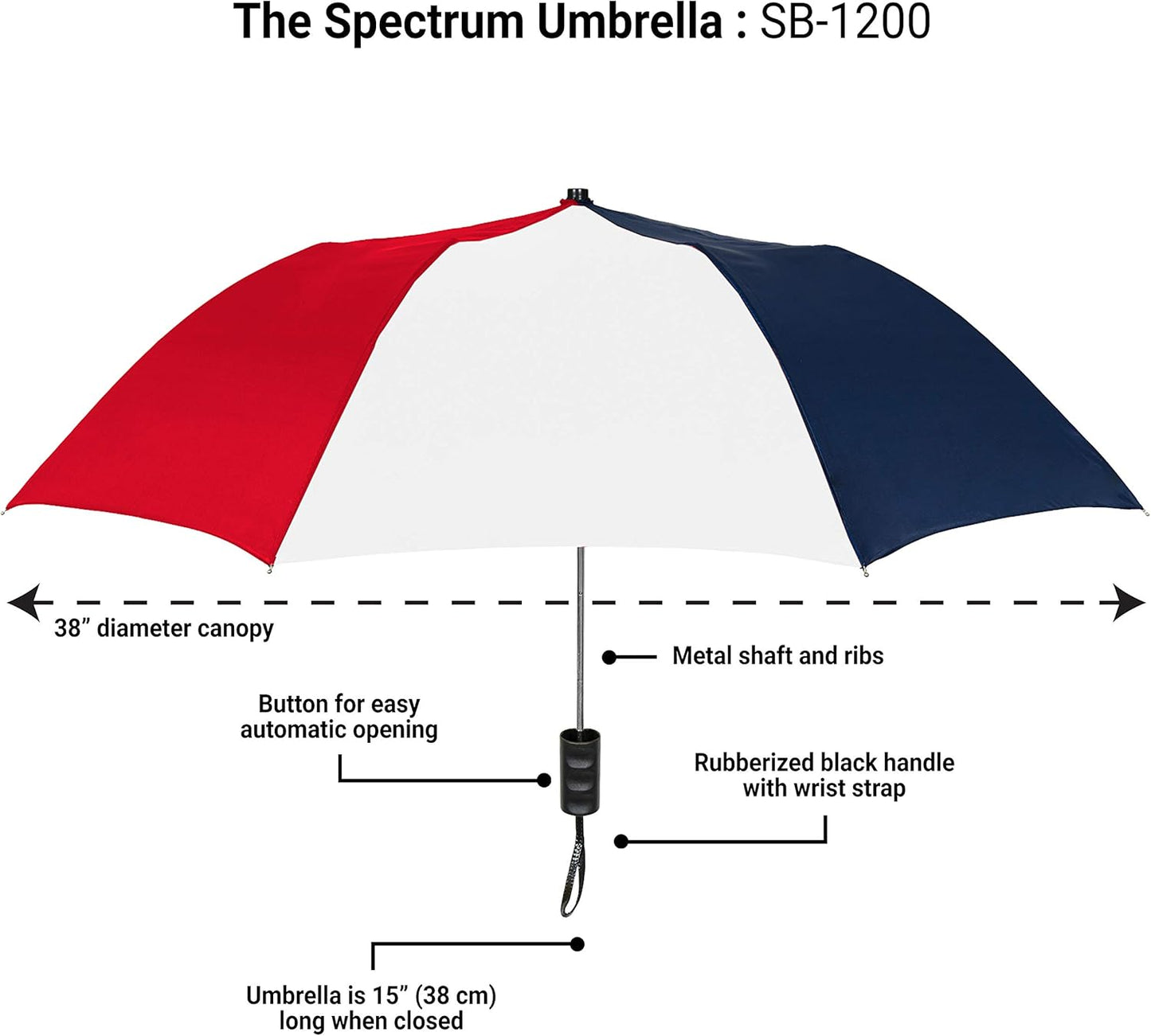 The Spectrum Popular Style 42" Automatic Open Compact Travel Umbrella for Rain, Wind & Sun, Sturdy Lightweight Small Portable Stick Umbrella for Men and Women