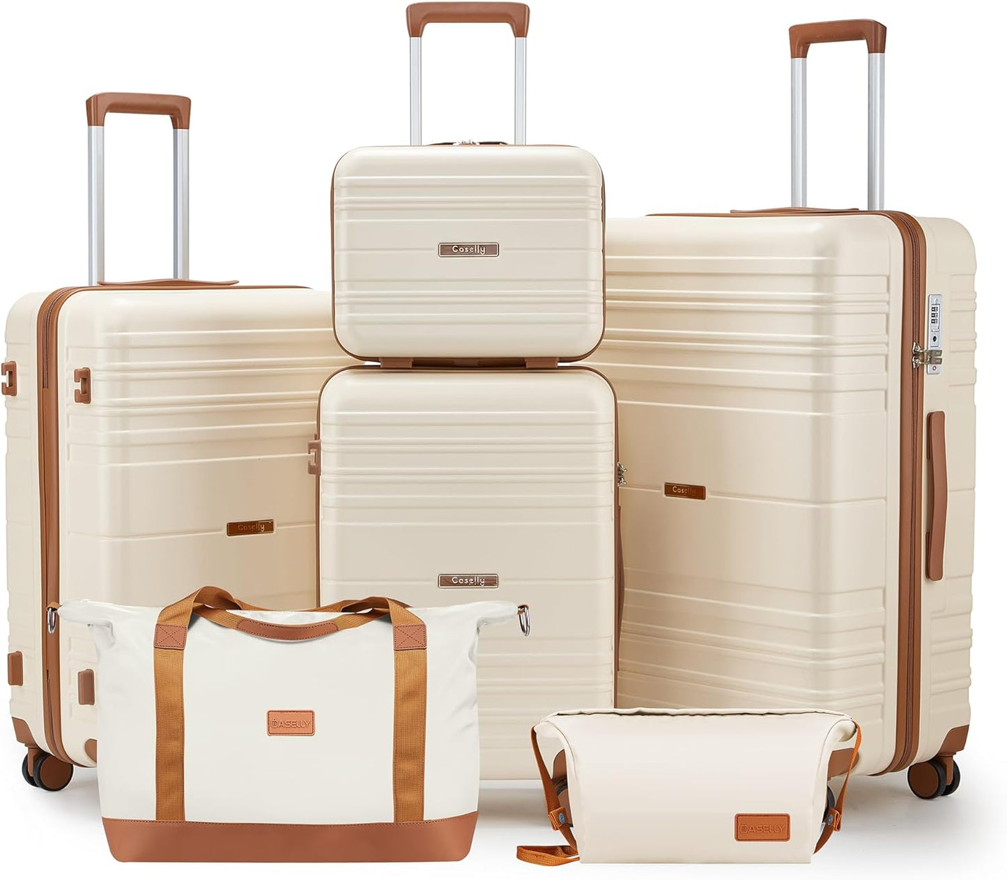 Luggage Sets 6 Piece with Spinner Wheels, Lightweight Hardshell Suitcase Set with TSA Lock, Carry On Checked Luggage with Travel Bag & Toiletry Bag (Beige, 6 piece sets(14/20/24/28/DB/TB))