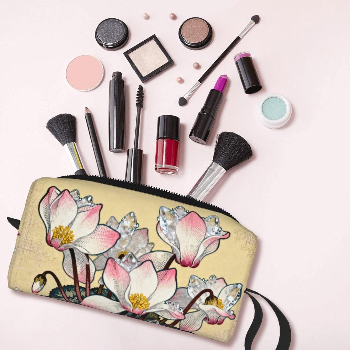 Pink Frosted Cyclamen Floral Makeup Bag Organizer Compact & Durable Flowers Travel Cosmetic Bag Oxford Fabric Impact-Resistant Multi-Purpose Storage Perfect for Travel, Gym, Daily Use