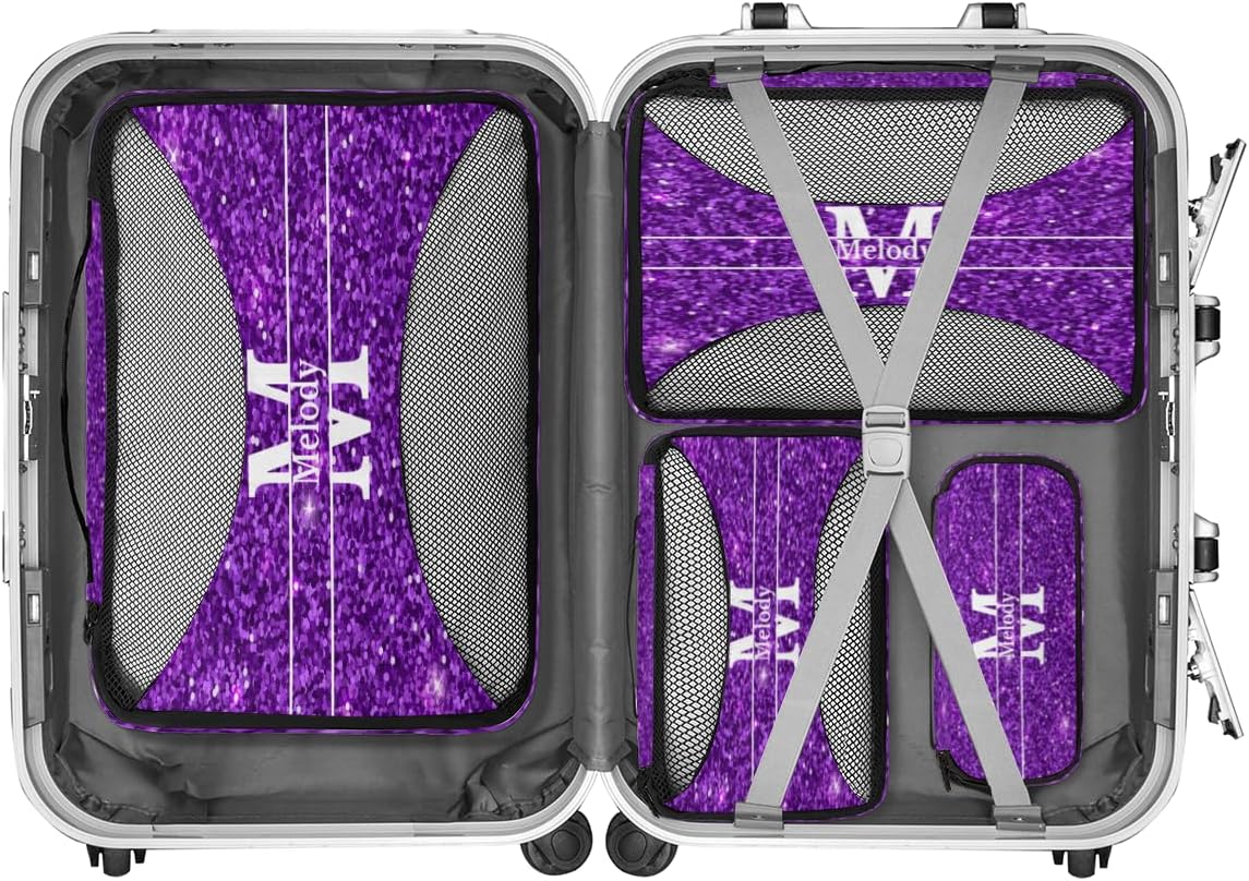 Custom Name 4 Pcs set travel luggage organizer Mesh Travel Essentials for Suitcases, Purple Sequins with Initial Letter