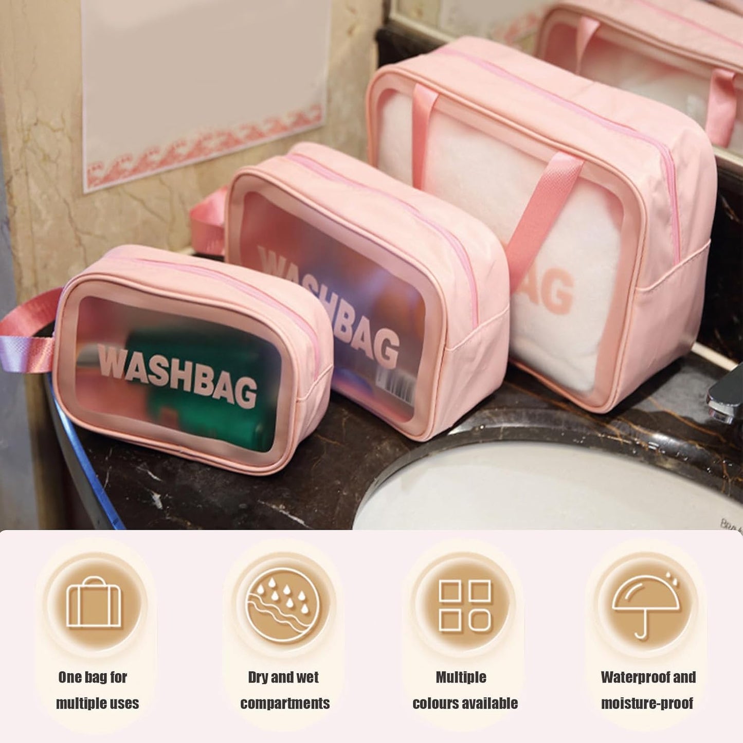 Clear Travel Bags for Toiletries,3 Pack Toiletry Bag,Matte Translucent Toiletry Bag,Makeup Bag With