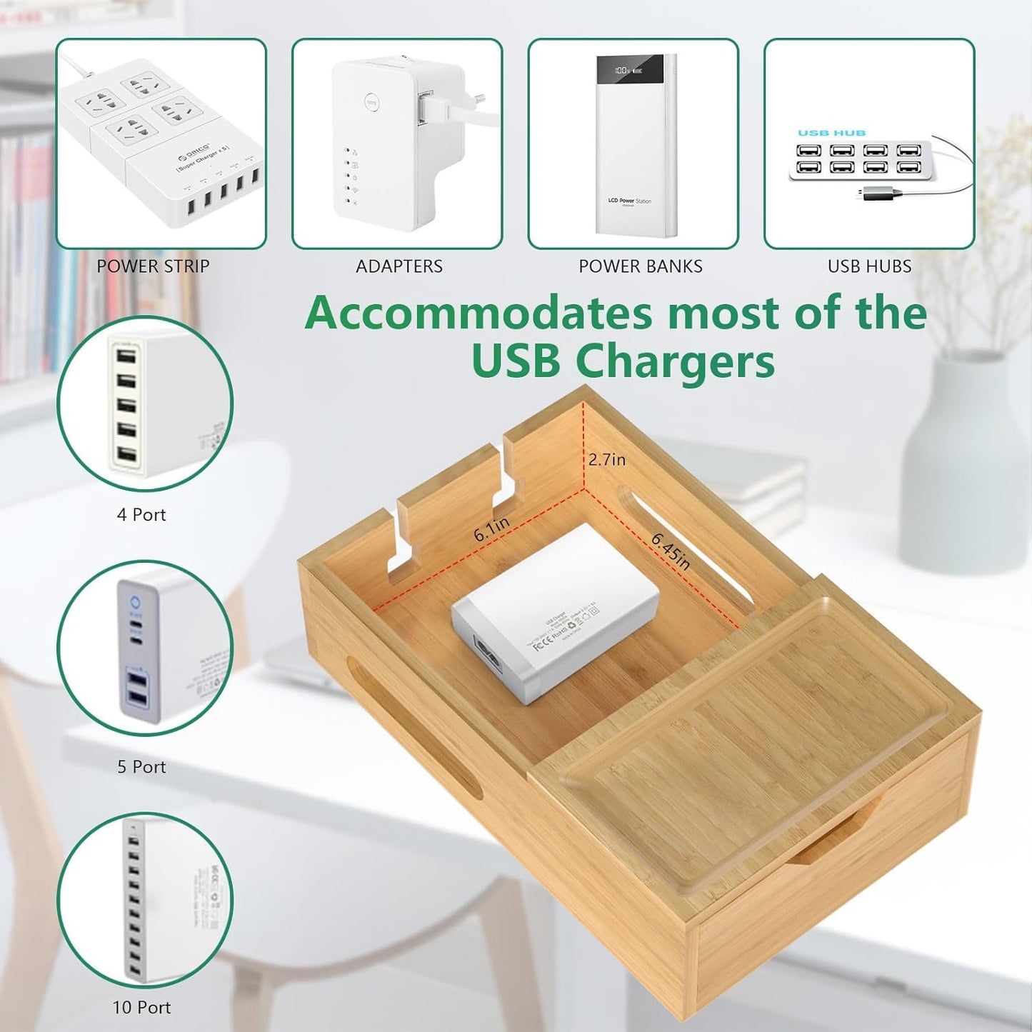 Bamboo Charging Station for Multiple Devices, Desktop Charger Organizer with Tray& Drawer, Wooden