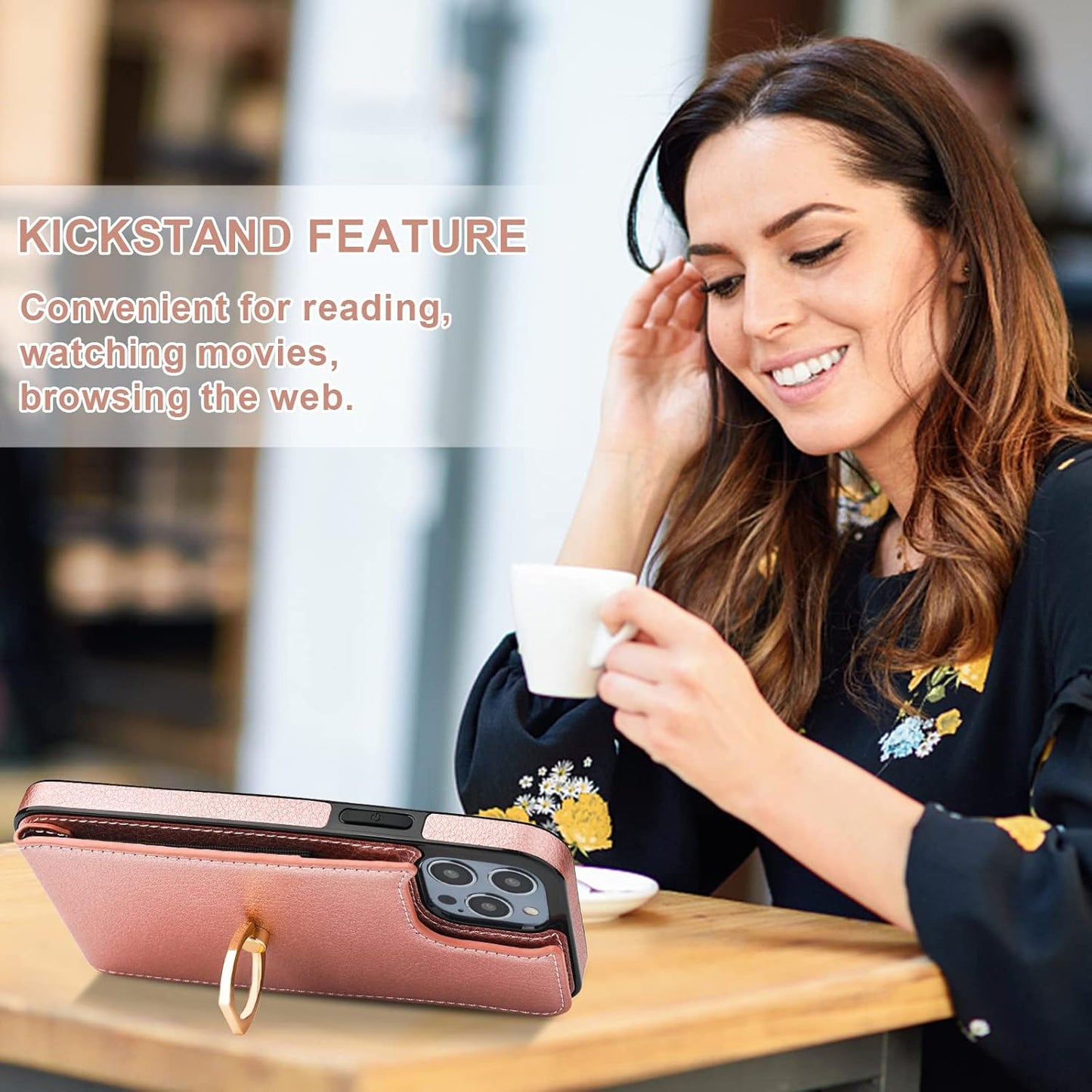 Folosu Compatible with iPhone 14 Pro Max Case Wallet with Card Holder, 360°Rotation Finger Ring Holder Kickstand, RFID Blocking Leather Protective Double Buttons Shockproof Cover 6.7 Inch Rose Gold