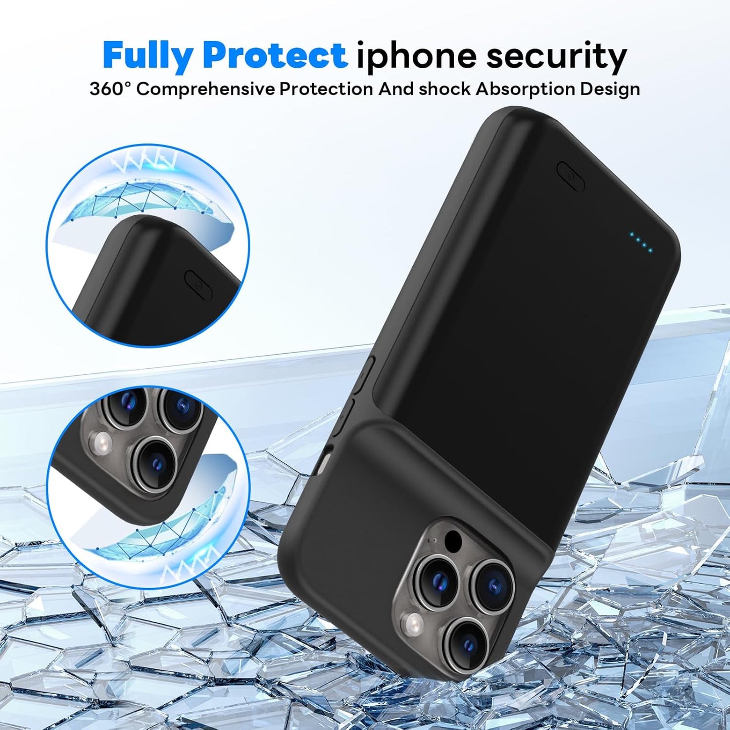 Battery Case for iPhone 16 Pro (6.3 inch),Charging Case Charger Ultra-Slim 7000mAh Rechargeable Portable Extended Charger Case Cover w/Tempered-Glass Protector - Black