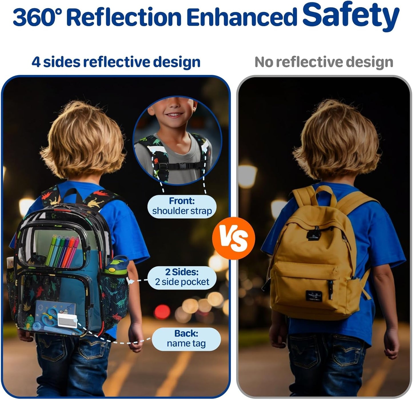 Bagseri Clear Backpack for Boys - 15 Inch Kids Backpack With Lunch Bag, Heavy Duty Bookbag for School, See Through Transparent for Kids Aged 3 to 8, Black Dinosaur