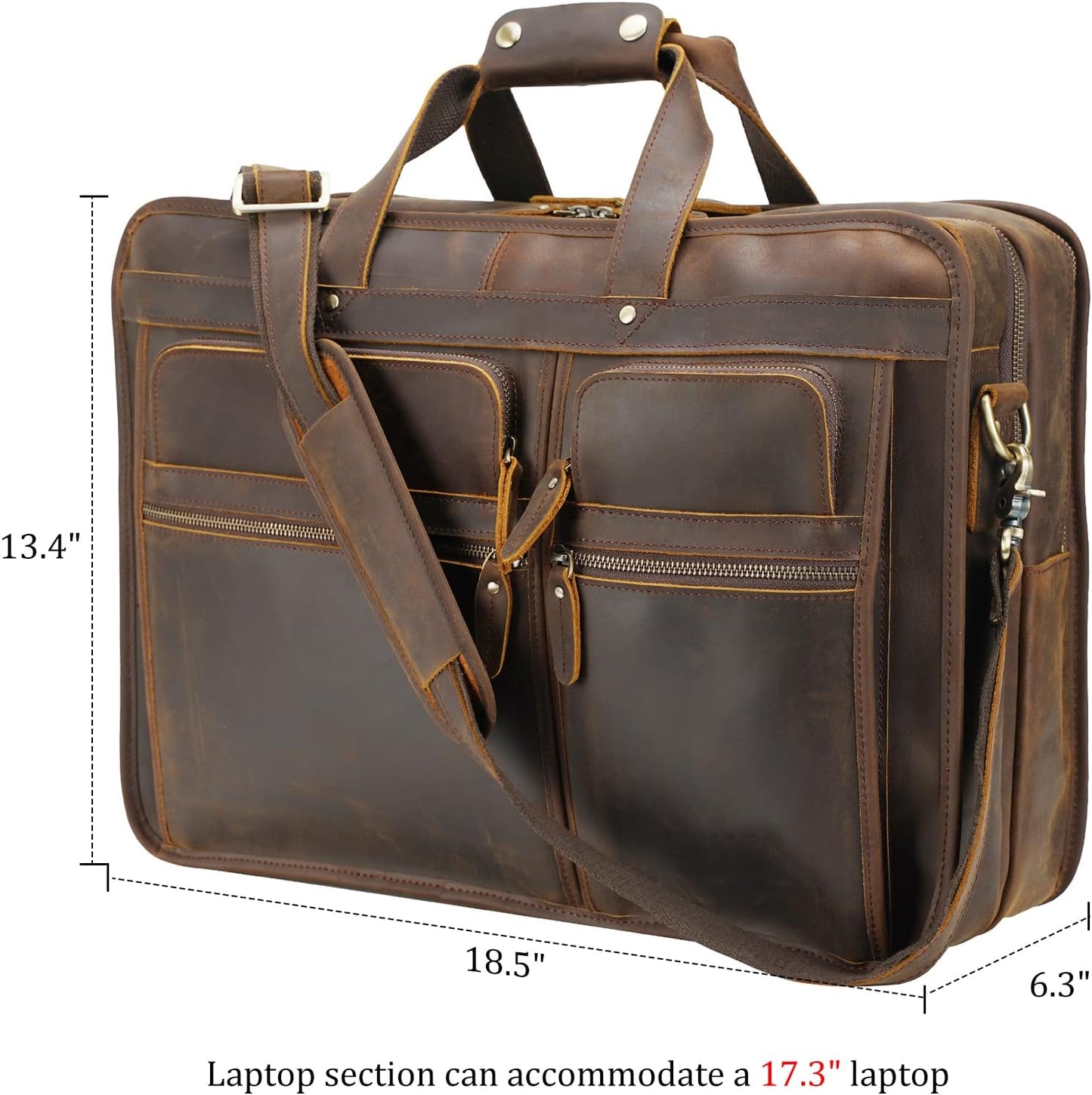 Polare 18.5” Full Grain Leather Laptop Briefcase Messenger Bag Tote For Men Large Fits 17.3” Laptop