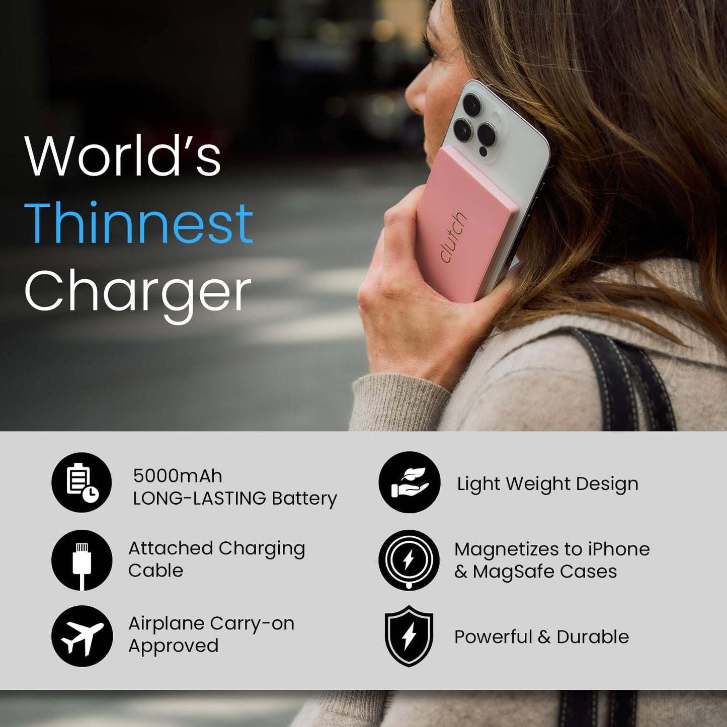 Clutch - Pro USB-C Portable Charger - Compatible with iPhone 15, 16, 17 & Android Devices - Power Bank Magnetic Battery - TSA Travel Approved - USB Rechargeable - Built-in Cable - 5000 mAh - 3.7oz