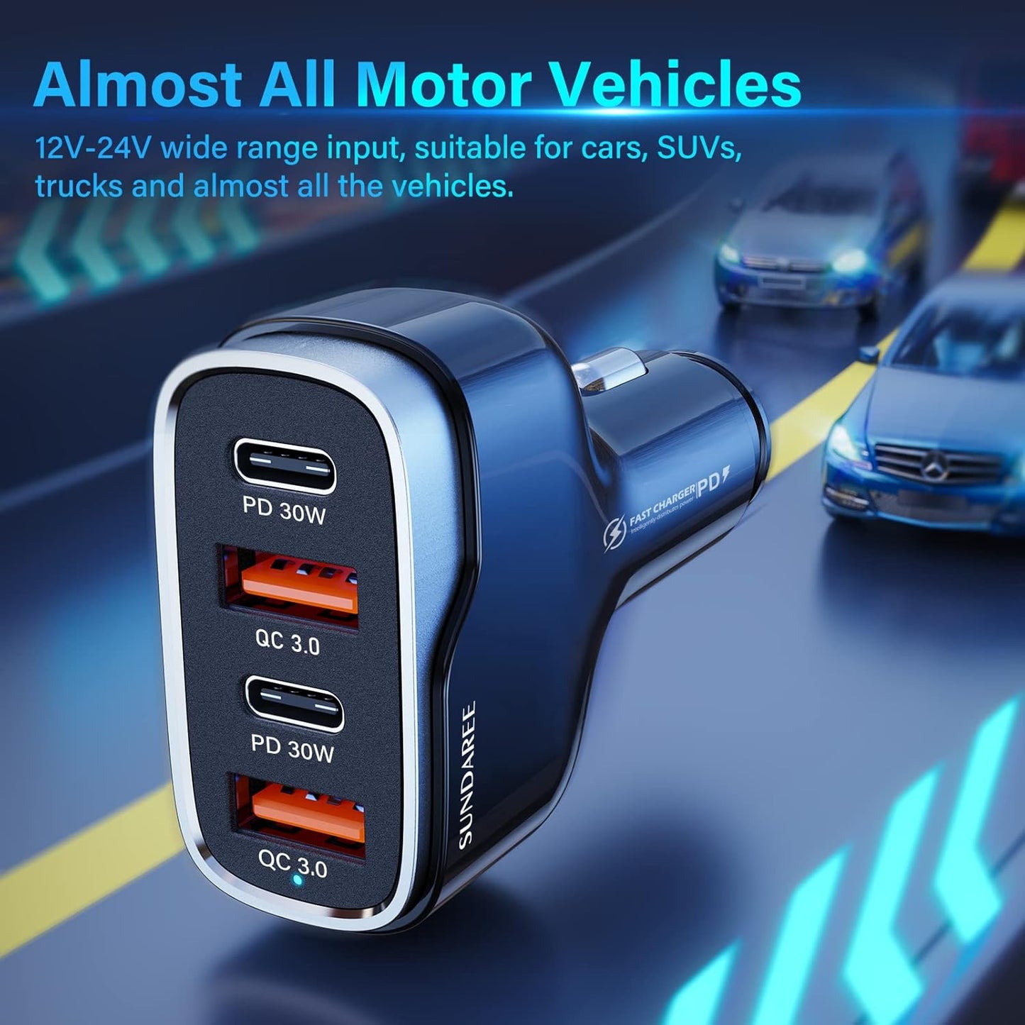 SUNDAREE 4 Ports USB C Fast Car Charger with Plug Outlet, Car Charger Adapter with 3.3FT Cable(USB-A to USB-C), Dual QC 18W & PD 30W Car Phone Charger for iPhone 17/16/15 Pro/Max/SamsungS25 & More
