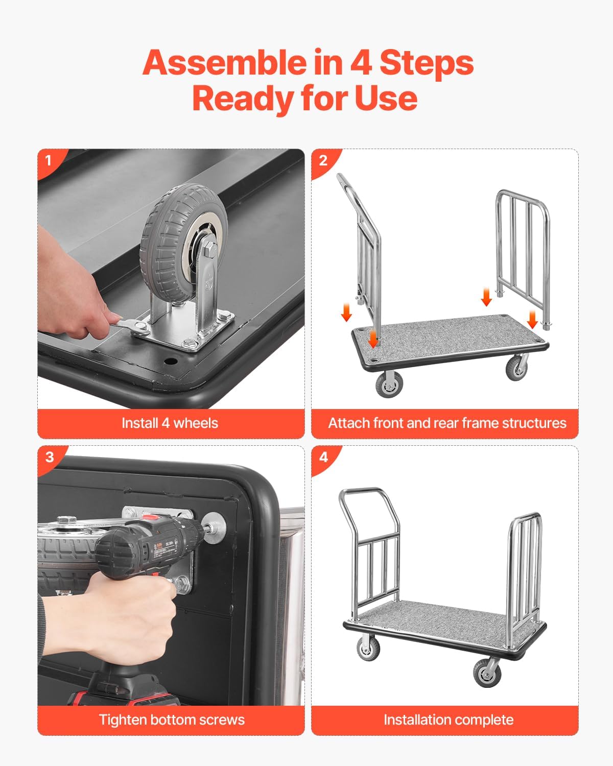 VEVOR Hotel Luggage Cart, 750 LBS Load Capacity, Deluxe Platform Truck with Removable Front Frame, Valet Cart with Grey Carpeted Deck and 6-inch Rubber Wheels, Ideal for Hotels, Condos, Resorts