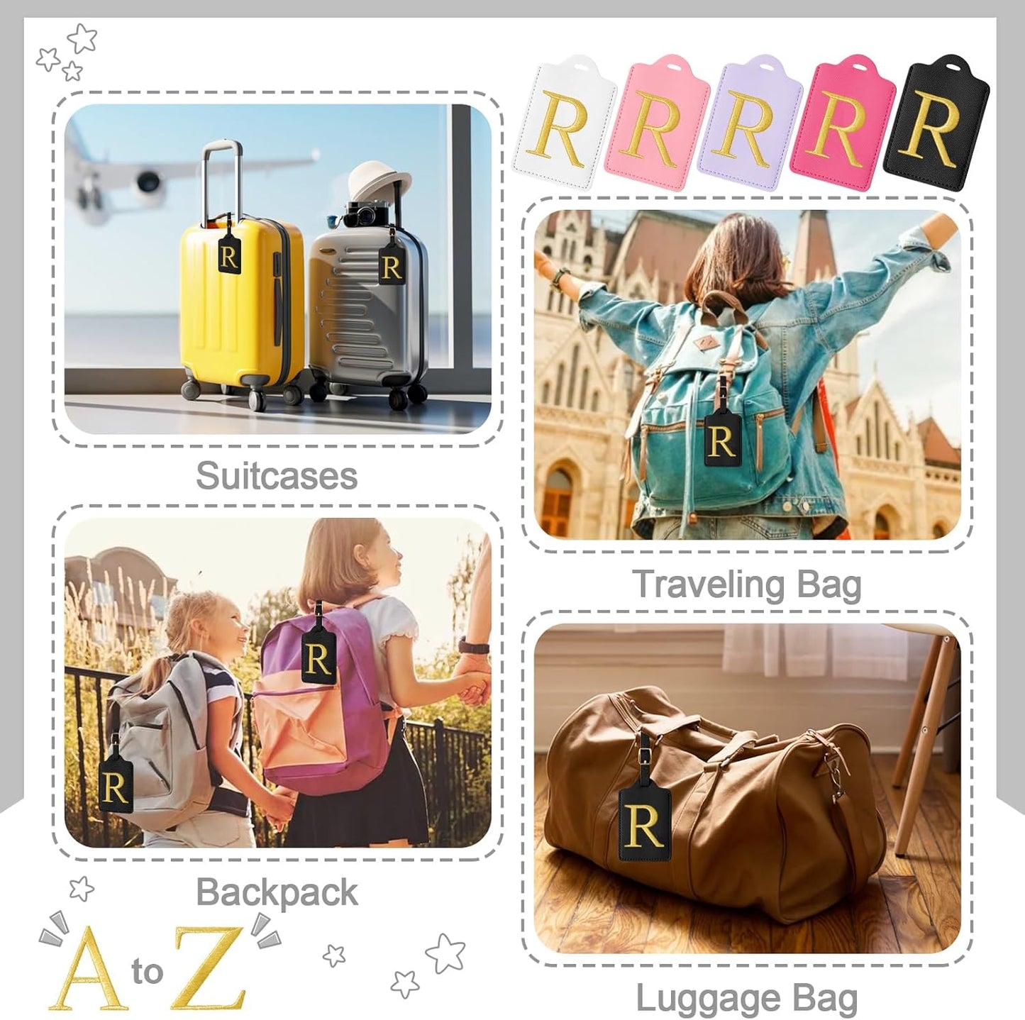 Personalized Initial Luggage Tags for Suitcases, Cute PU Leather Embroidered Letter Travel Luggage