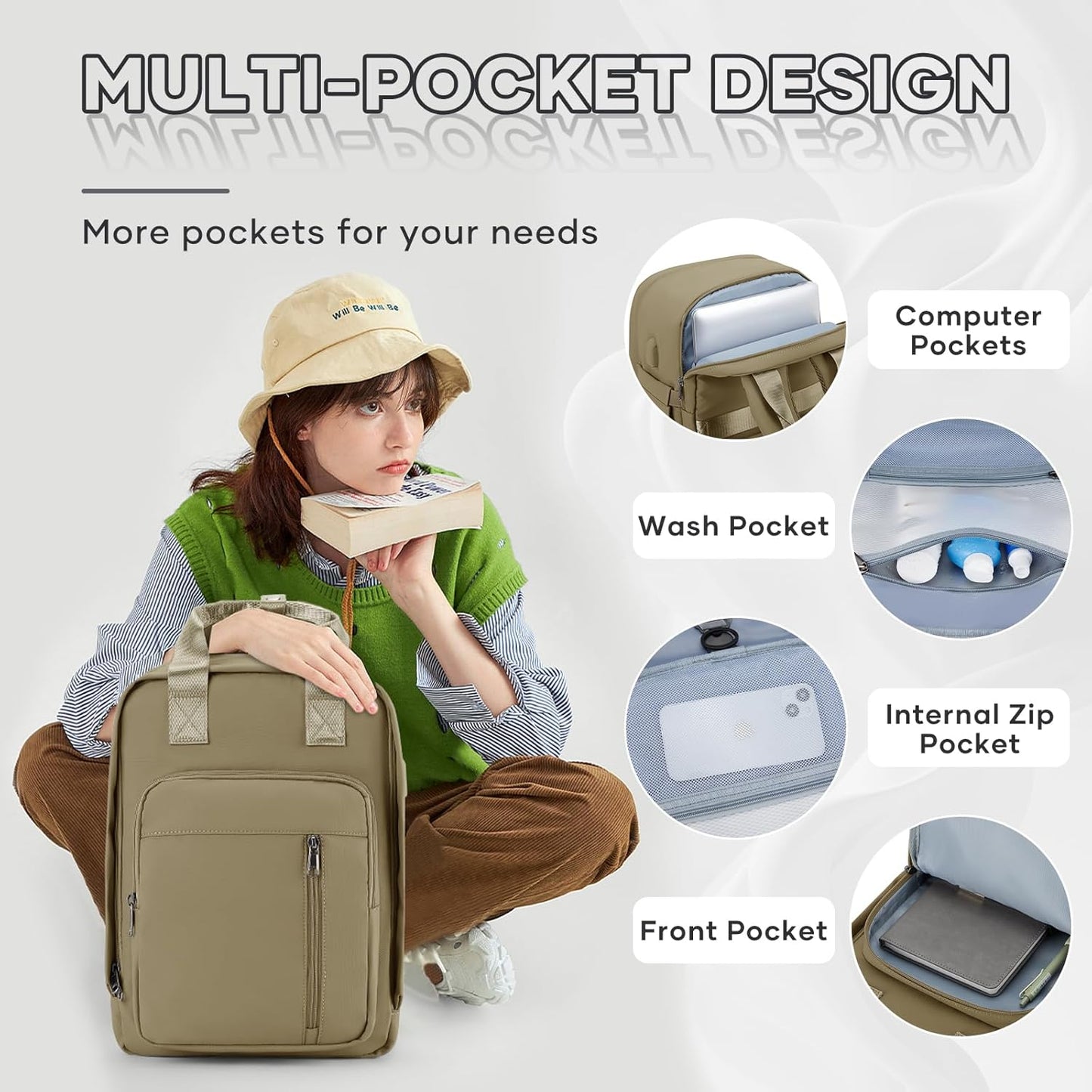 Vacuum Travel Backpack with Pump,Personal Item Carry on Backpacks Flight Approved 18x14x8 inches Women,Laptop Waterproof Work Compression bags hiking Casual Daypack Grey Brown