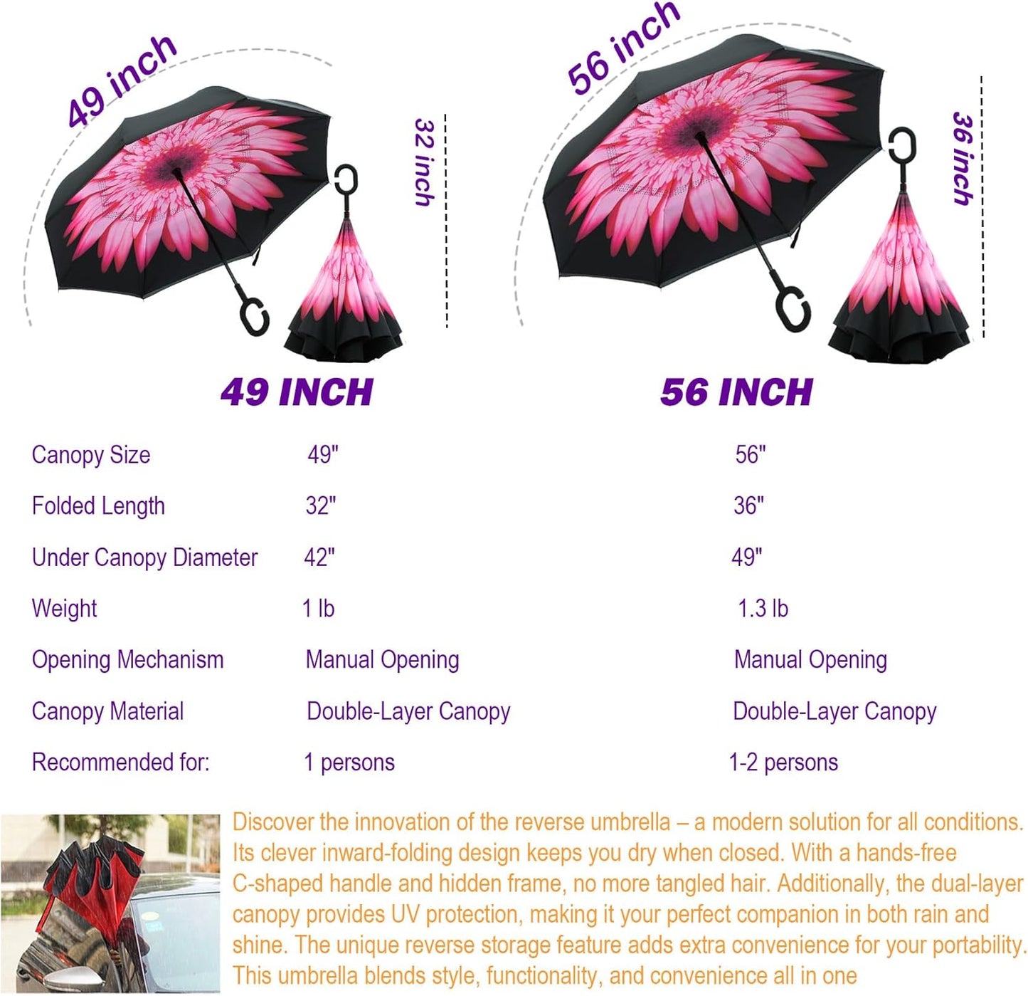 SIEPASA 49/56 Inch Inverted Reverse Upside Down Umbrella, Extra Large Double Canopy Vented Windproof Waterproof Stick Golf Umbrellas with C-shape Handle.