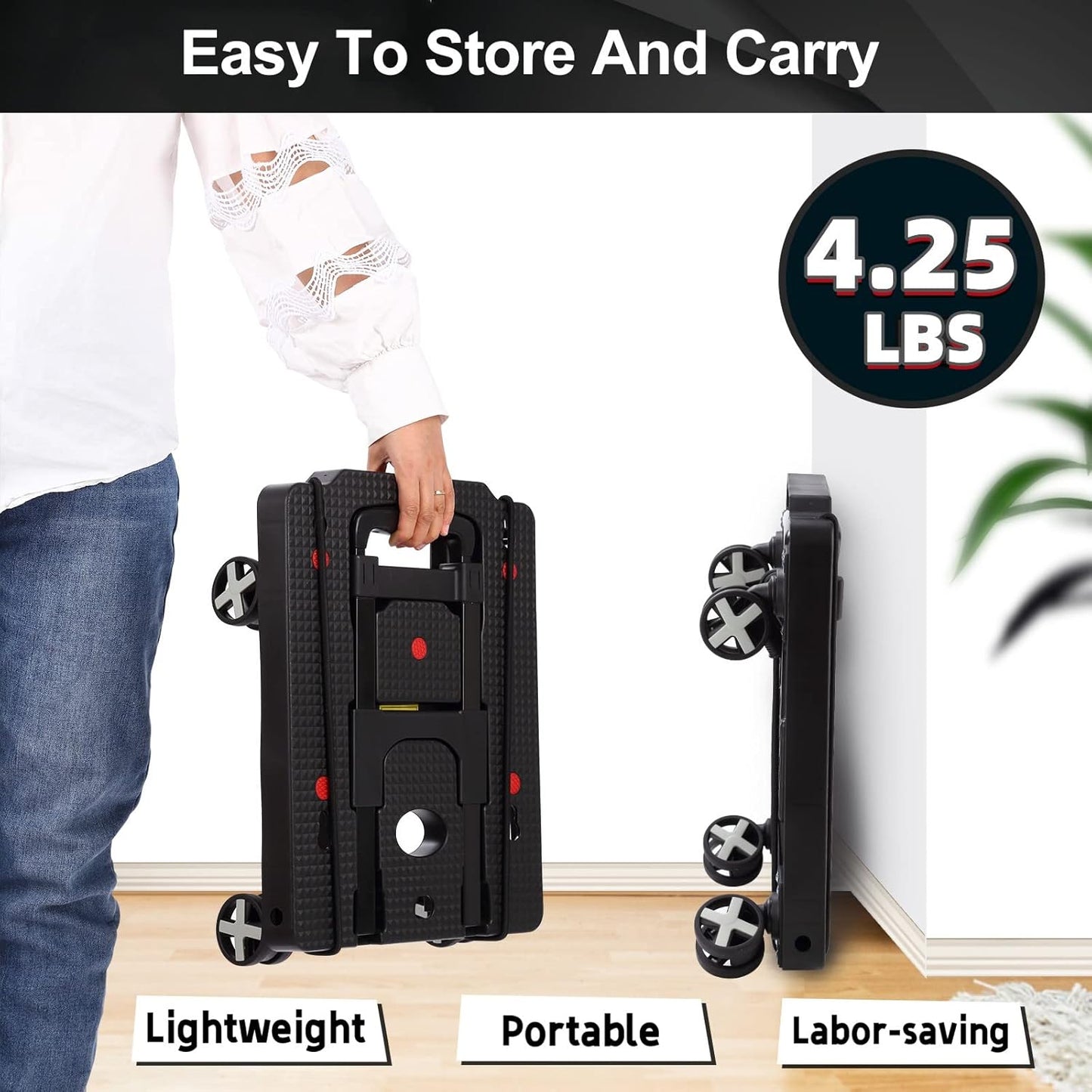 Folding Hand Truck Lightweight Hand Truck Dolly Foldable,Luggage cart with 4 Rotate Wheels, Utility Cart with Adjustable Handle,Collapsible Dolly for Moving-Black