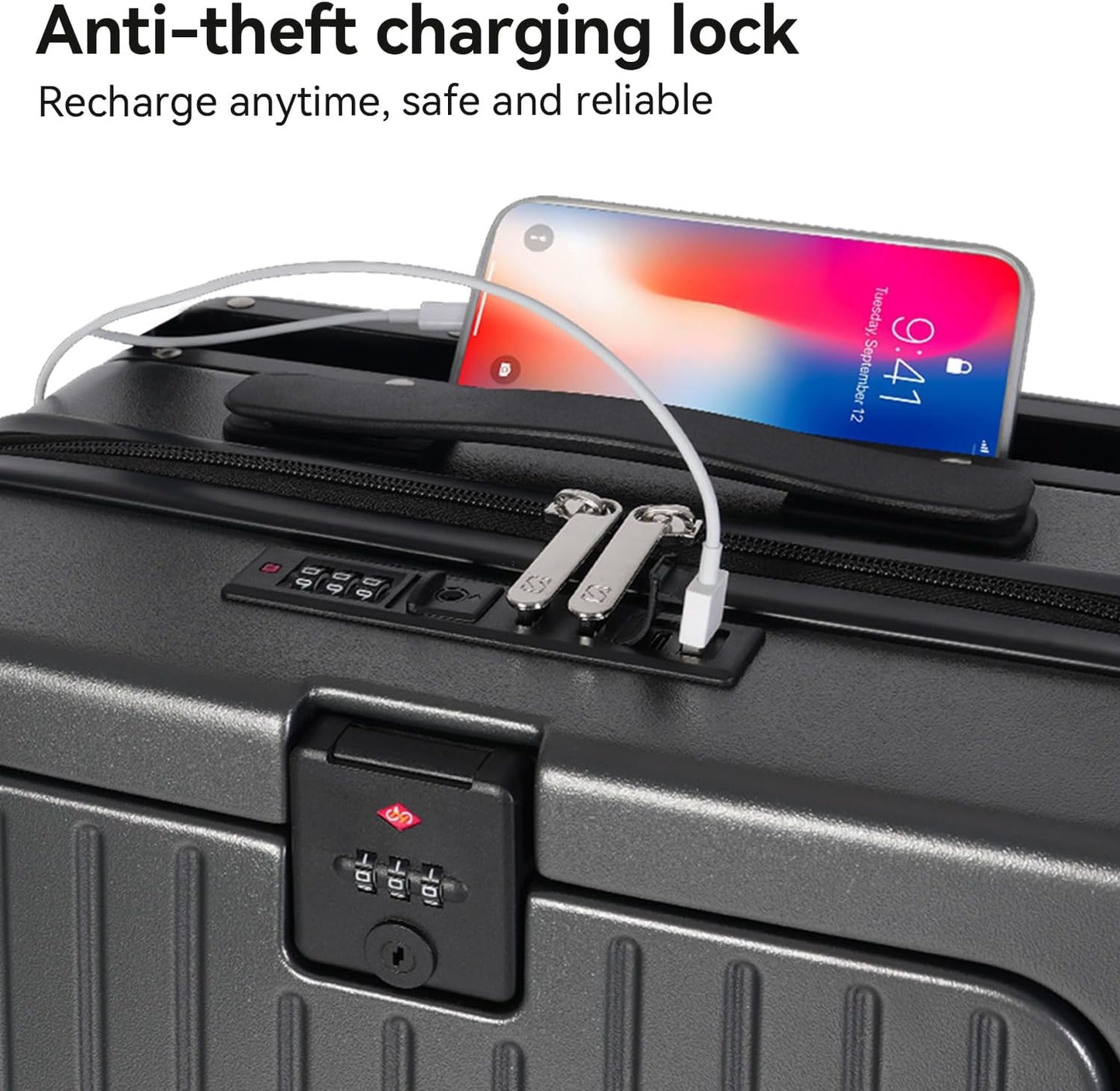 SOKOK Front Pocket Luggage with Spinner Wheels, 24'' Wide Handle Travel Suitcase PC Hardshell Multifunctional Luggage with Charging Port and Cup Holder, Graphite
