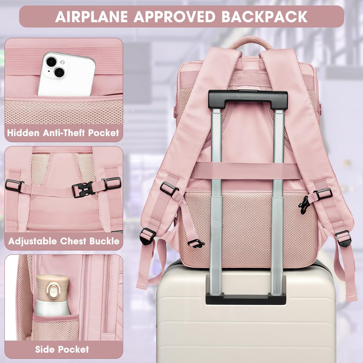 Large Carry On Travel Backpack - Flight Approved Waterproof Luggage Suitcase Backpacks Personal Item Size for Women Men Fit 17 Inch Laptop College Overnight Bag Anti-Theft Weekender Daypack Pink