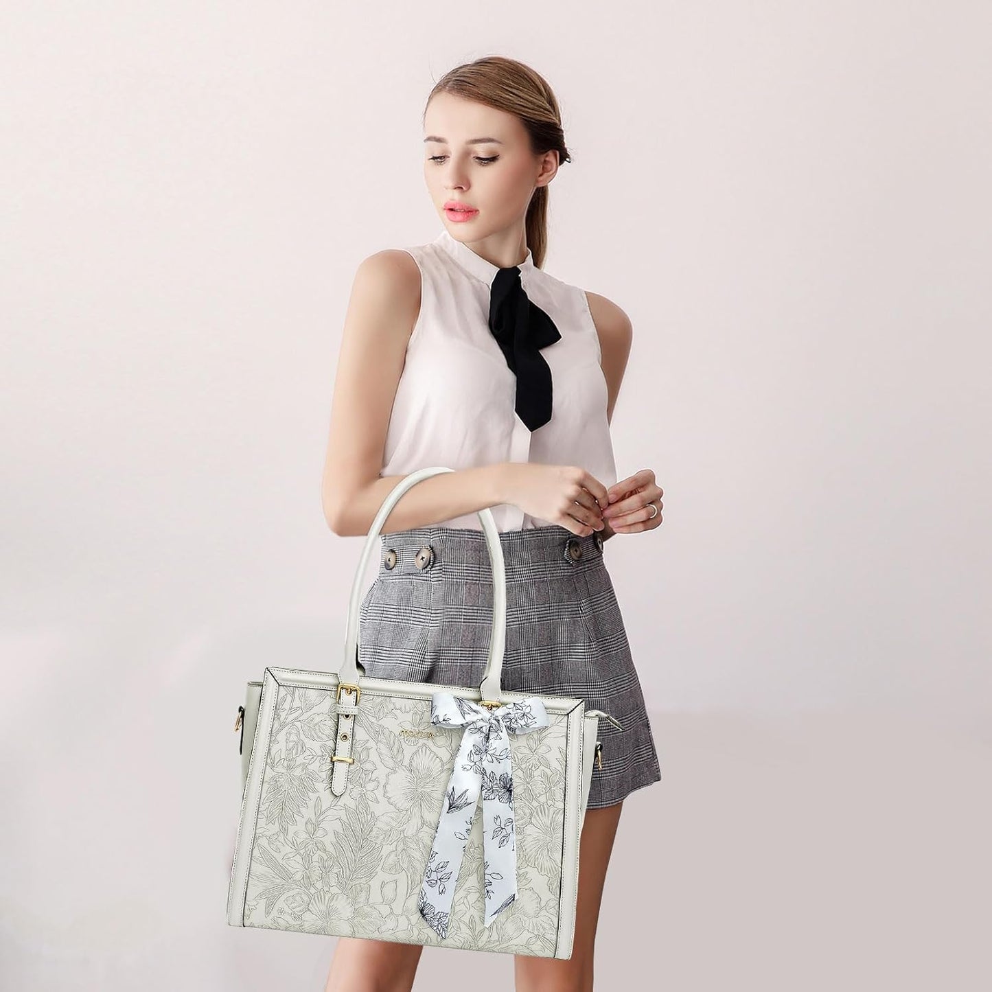 MOSISO Laptop Bag for Women, PU Leather Tote Bag, Front Embossed Retro Hibiscus Computer Bags with