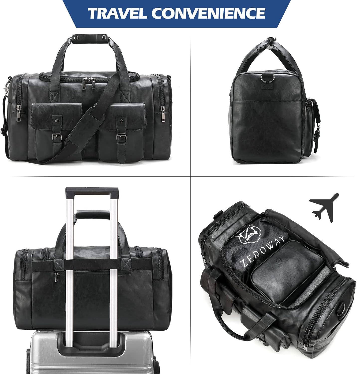 Zeroway PU Leather Travel Duffel Bag with Laundry Bag, Weekender Overnight bag Luggage Carry-On Bag with Shoe Pouch for Men or Women Black