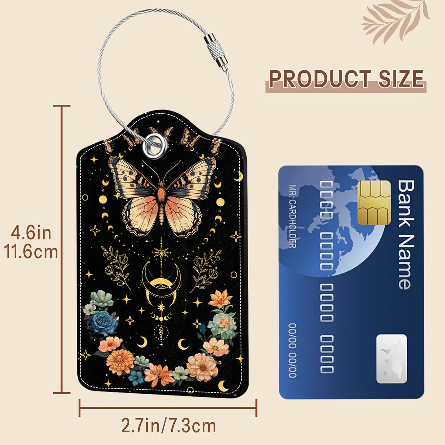2 Pack Floral Butterfly Luggage Tags for Suitcase, Black Leather Luggage Tags, Privacy Cover ID Label with Stainless Steel Loop & Address Card, Butterfly Travel Bag Tag Travel Accessories for Suitcase