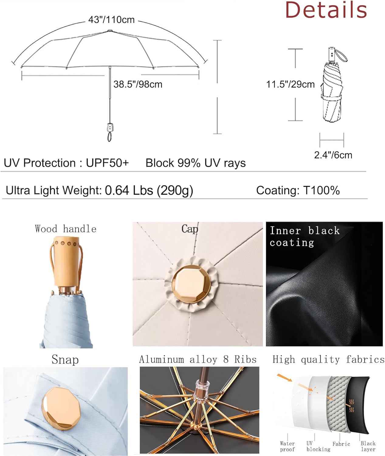 Sun Umbrella UV protection UPF 50+ Compact Portable travel Parasol Auto Open Close Windproof and Waterproof Folding Sun and Rain Small Umbrella For Walking