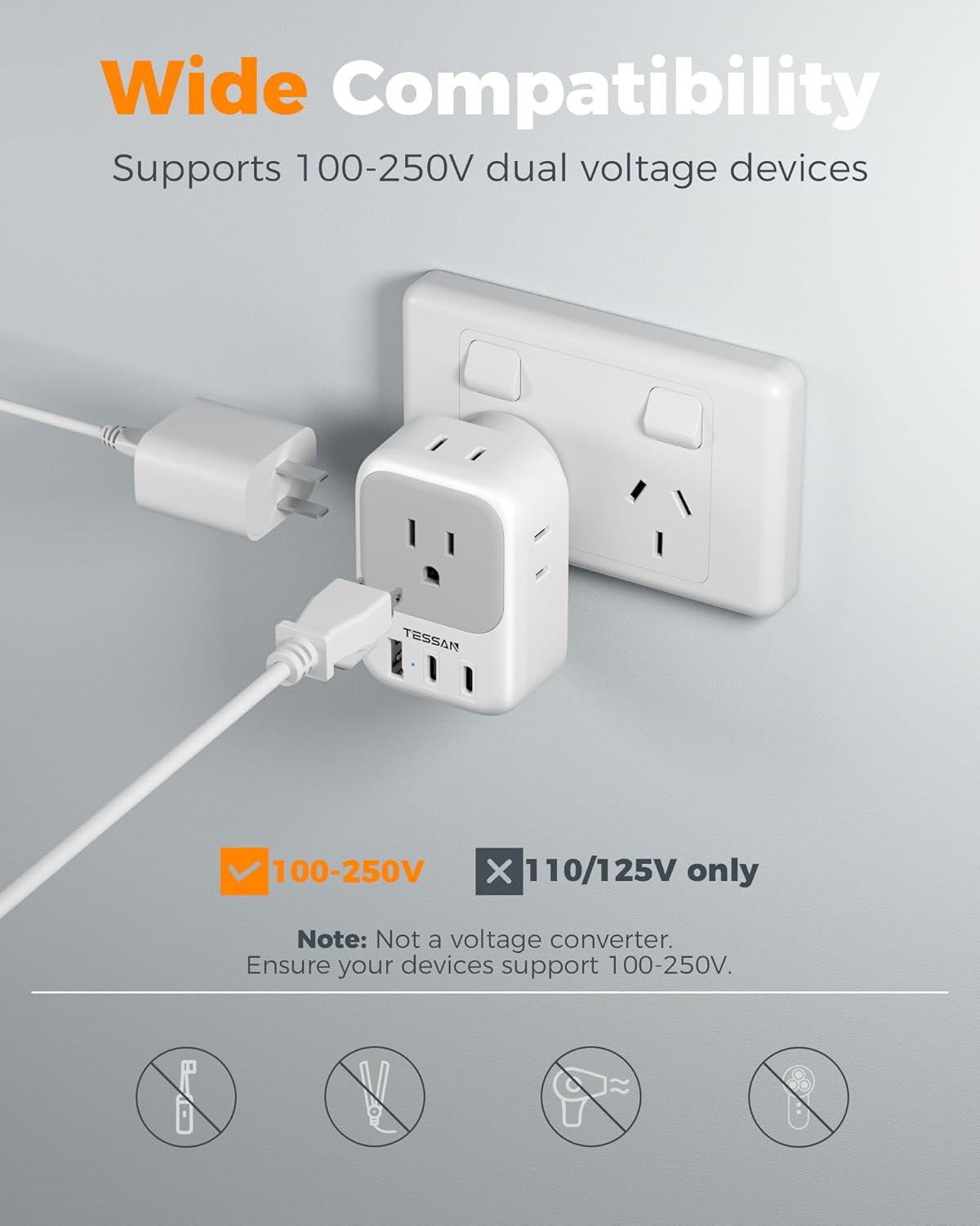 Australia Plug Adapter 2 Pack, TESSAN New Zealand Power Adapter with 4 Outlets 3 USB (2 USB-C), Type I Travel Adaptor for US to Australian Argentina China Fiji Samoa Tonga Kiribati