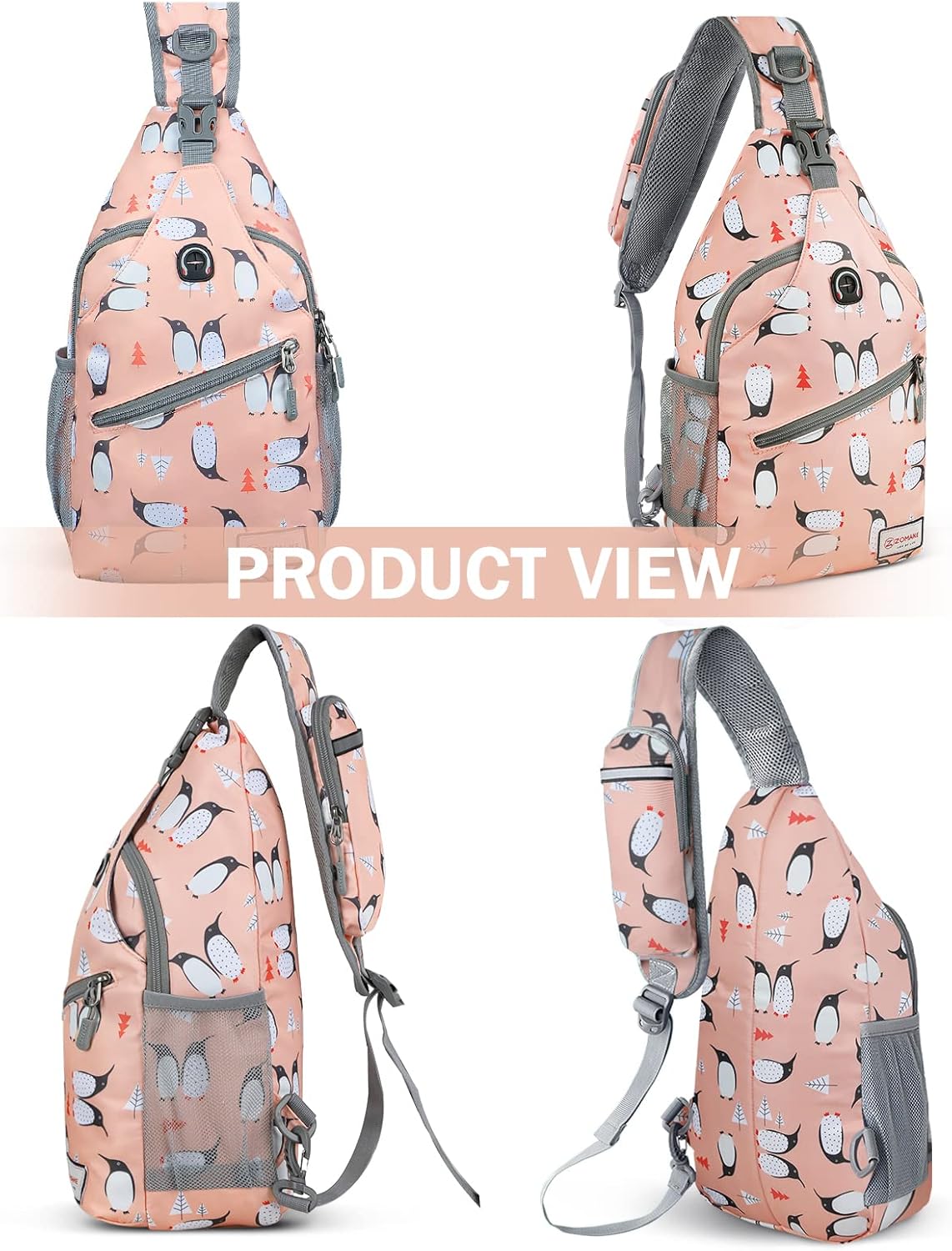 ZOMAKE Sling Bag, Penguin Pink, Nylon, 5 Separate Compartments, 10" iPad Compartment, Anti-Theft, Adjustable Reversible Shoulder Strap, Water Resistant