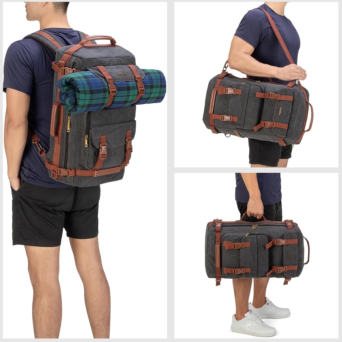 Tzowla Canvas Travel Backpack Carry on Flight Approved,Large Vintage Messenger Bag,3-in-1 Convertible Backpacks Duffel Bag,Personal ltem Laptop Rucksack for Men and Women Fit 17 Inch Laptop(Black)