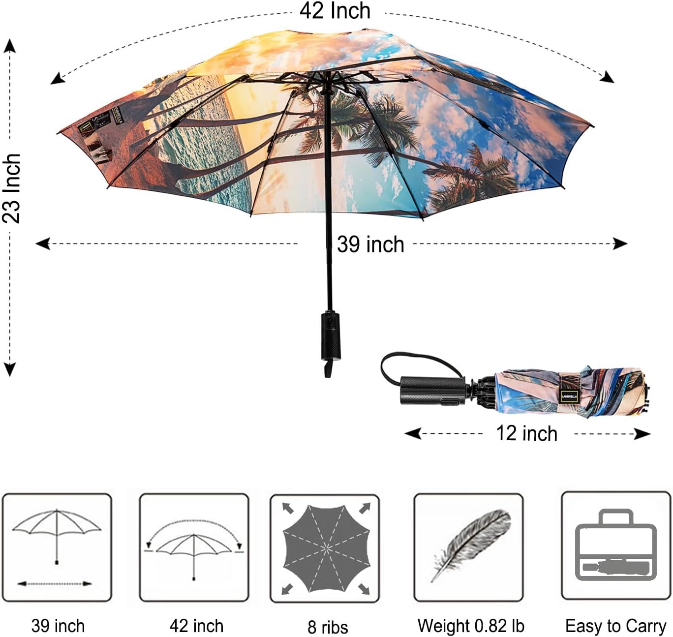 LANBRELLA Compact Reverse Folding Umbrella Auto Windproof Travel Umbrella