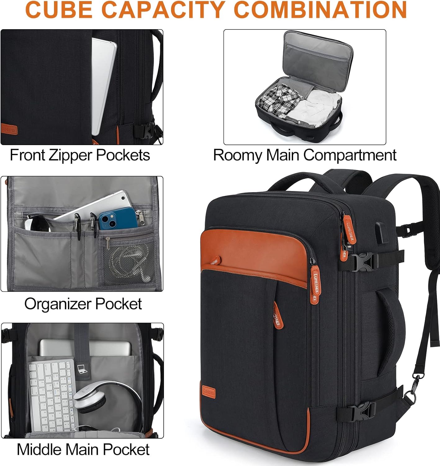 Lumesner Carry on Travel Backpacks, Extra Large 40L Flight Approved for Men & Women,Expandable Suitcase backpack (Black (Backpack With 4 Packing Cubes))