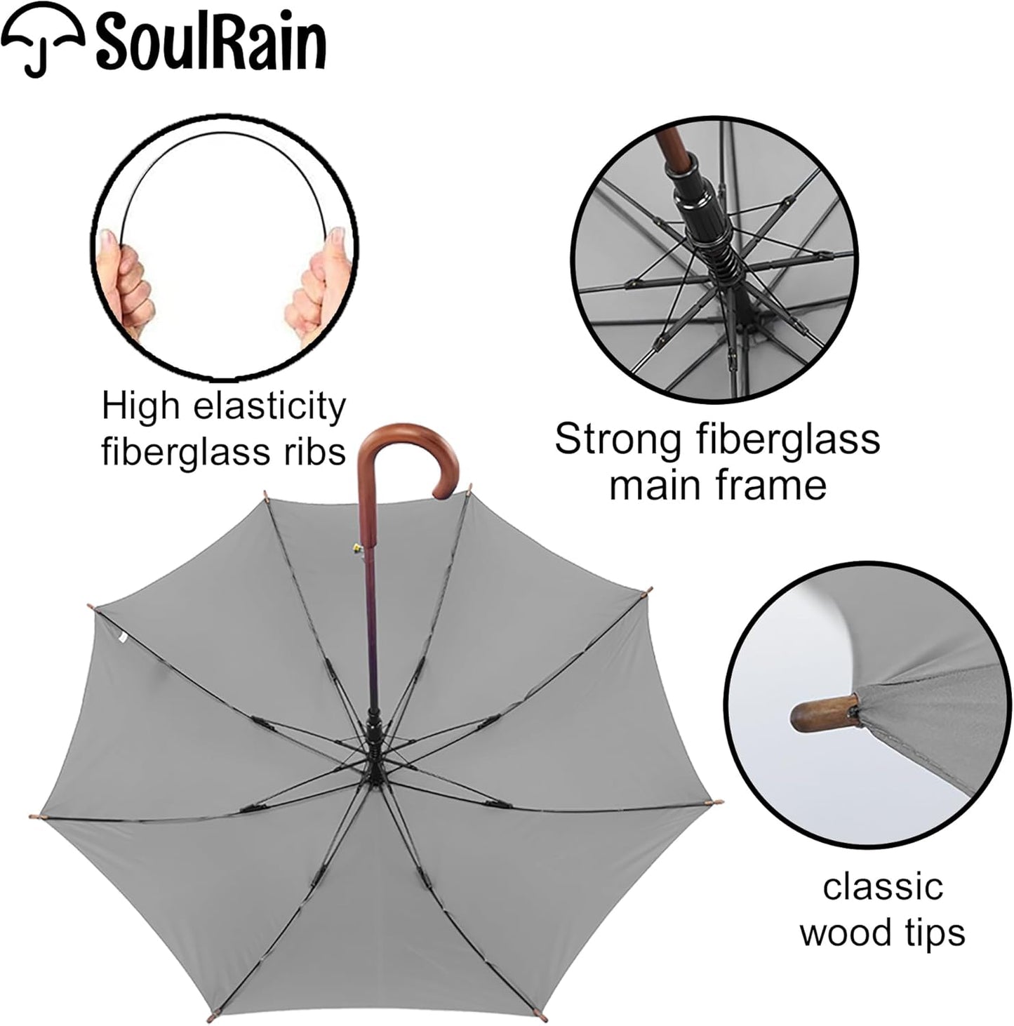 SoulRain 48" Large Umbrella –Windproof Stick Umbrellas for Rain, Automatic Open, Vintage Cane Grey big Umbrella with Classic Wooden Handle,Open for 2 Persons adult,for Women & Men(Grey)