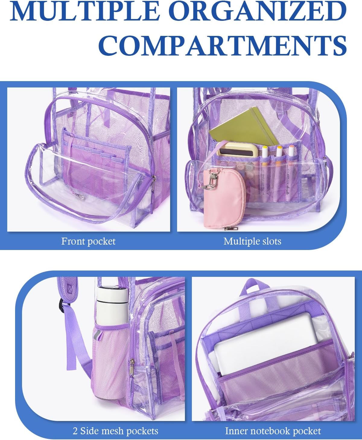 Clear Backpack for School, 17 inch Large Heavy Duty-TPU See Through Bookbag for Boys Girls and Adult, Transparent Backpack With Multi-Pockets for College Work Gym Sport, Light Purple