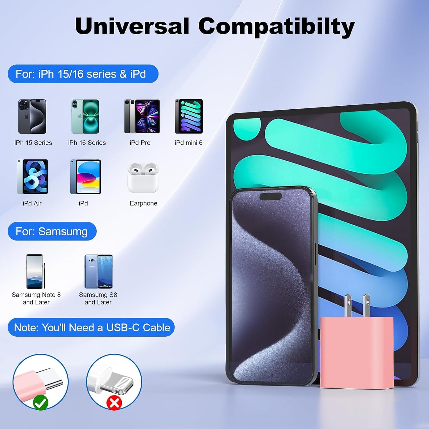 Compatible with iPhone 17 16 Charger Fast Charging,2 Pack USB C Charger Block,Type C Chagers with 6ft USB C Cable Compatible with iPhone 16/15/ Pro Max/Pro/Plus/Pad,Galay S25/S24/Plus/Ultra,Black/Pink