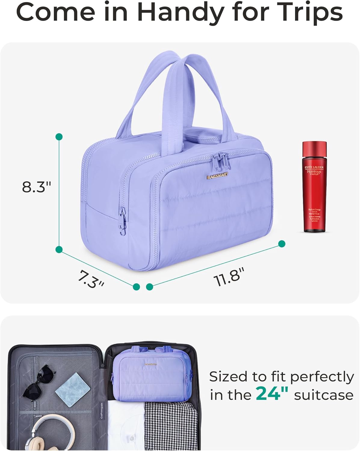 BAGSMART Travel Toiletry Bag, Lightweight Large Wide-open Travel Bag for Women, Puffy Cosmetic Makeup Bag Organizer with Handle for Accessories,Essentials, Toiletries, Purple