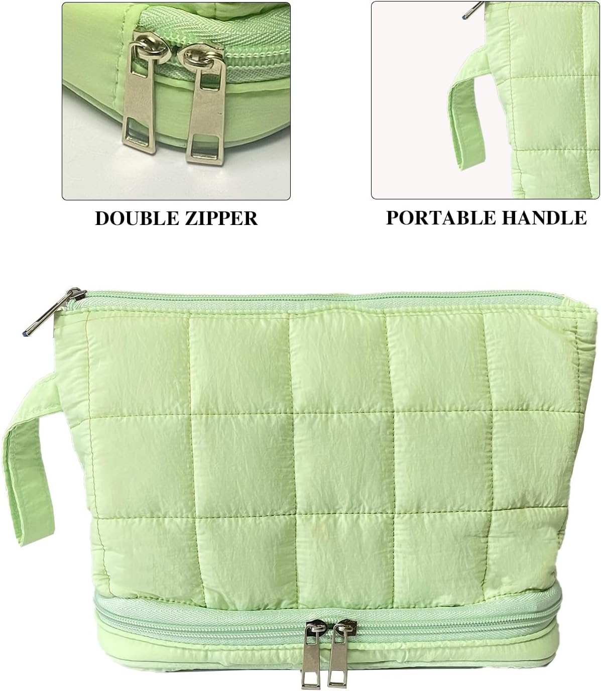 Green Puffy Puffer Makeup Bag for Purse Small Makeup Pouch Quilted Cosmetic Bag Cute Cotton Toiletry Pouch Bag for Women