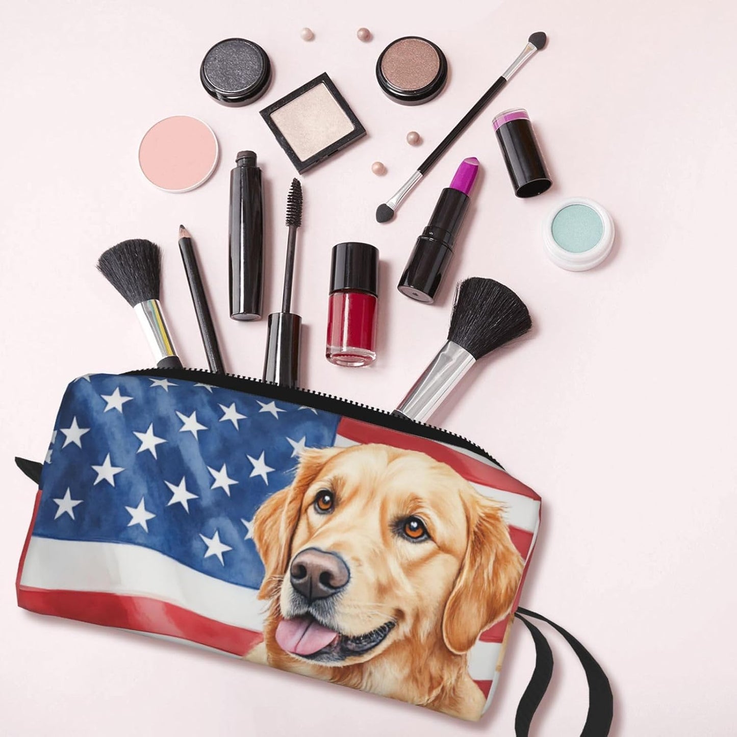 Golden Retriever American Flag Makeup Bag Small Compact & Durable Travel Cosmetic Bag Organizer Oxford Fabric Impact-Resistant Multi-Purpose Storage Perfect for Travel, Gym, Daily Use