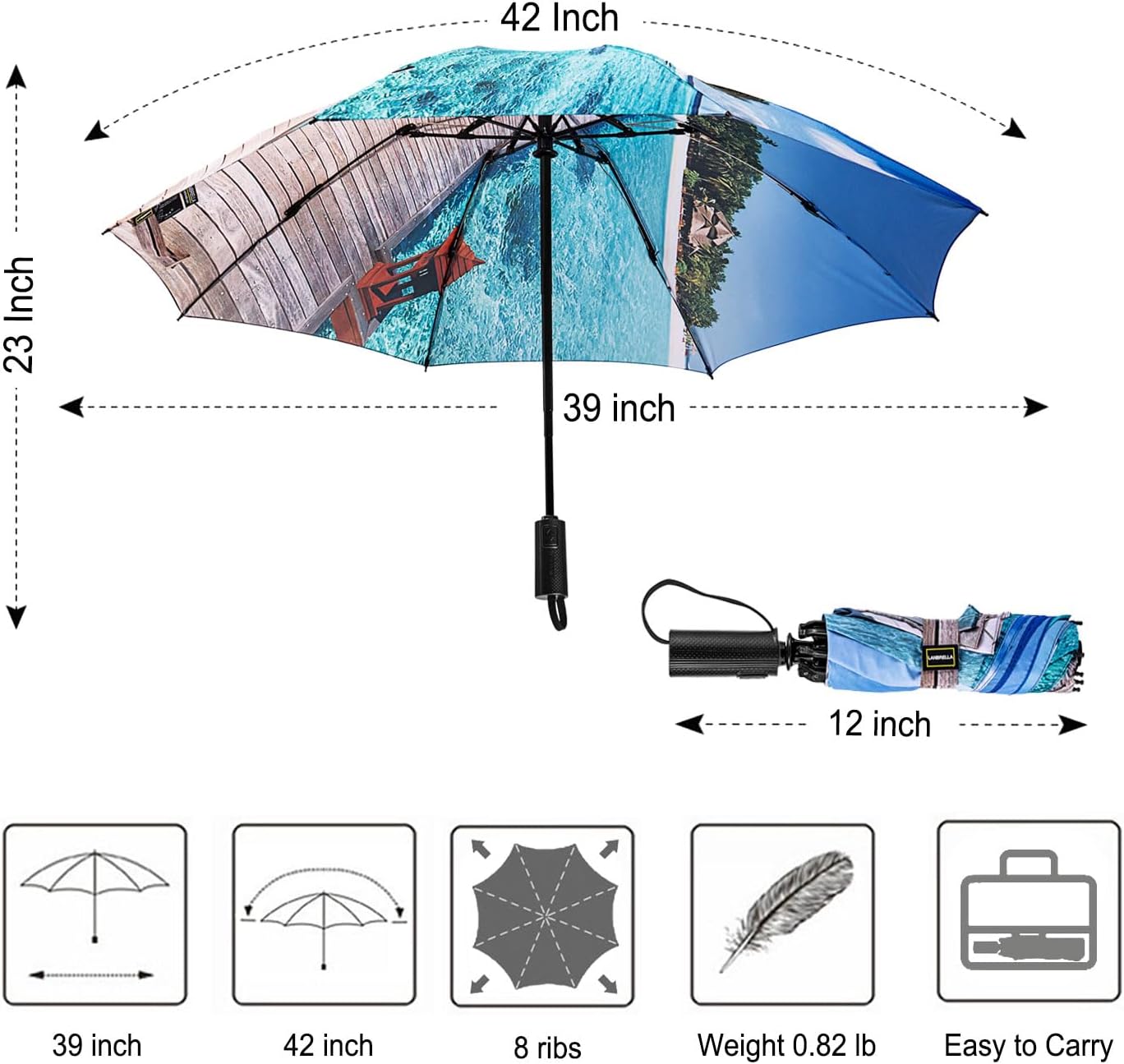 LANBRELLA Compact Reverse Folding Umbrella Auto Windproof Travel Umbrella