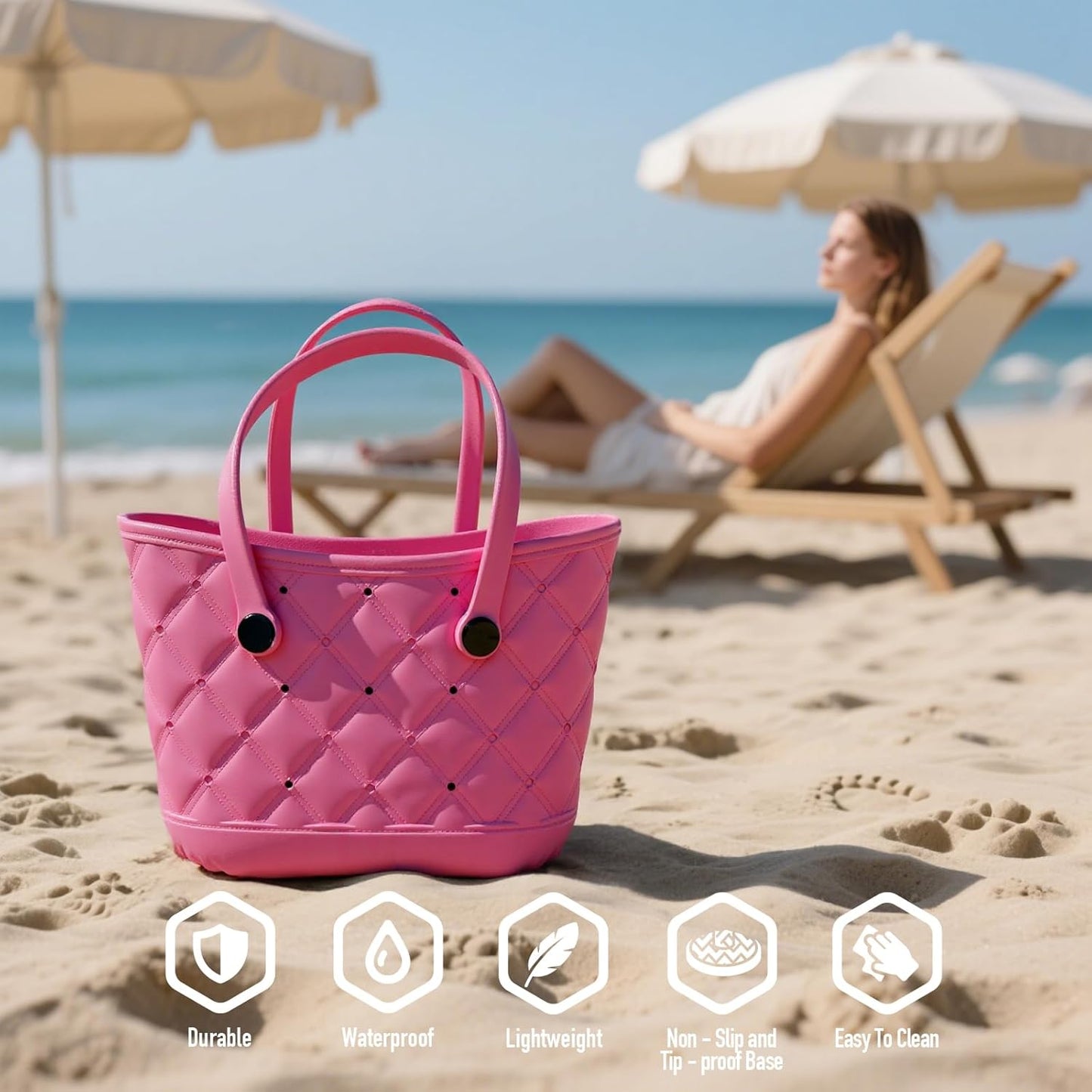 Large Beach Bag, Waterproof Sandproof Rubber Tote Bag for Women, for Travel, Pool, Boat, Groceries