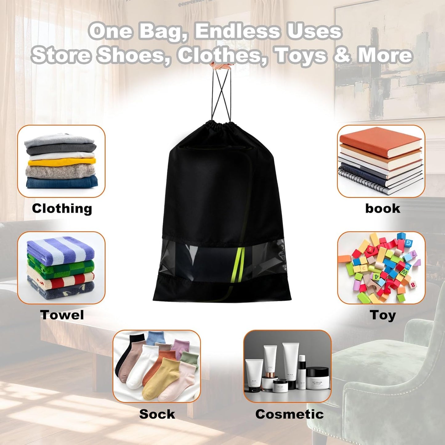 20 Pack Shoe Bags for Travel, 17" x 12.6" Drawstring Shoe Organizers with Clear Window, Breathable Non-Woven Dustproof Pouches for Luggage & Closet (Black)
