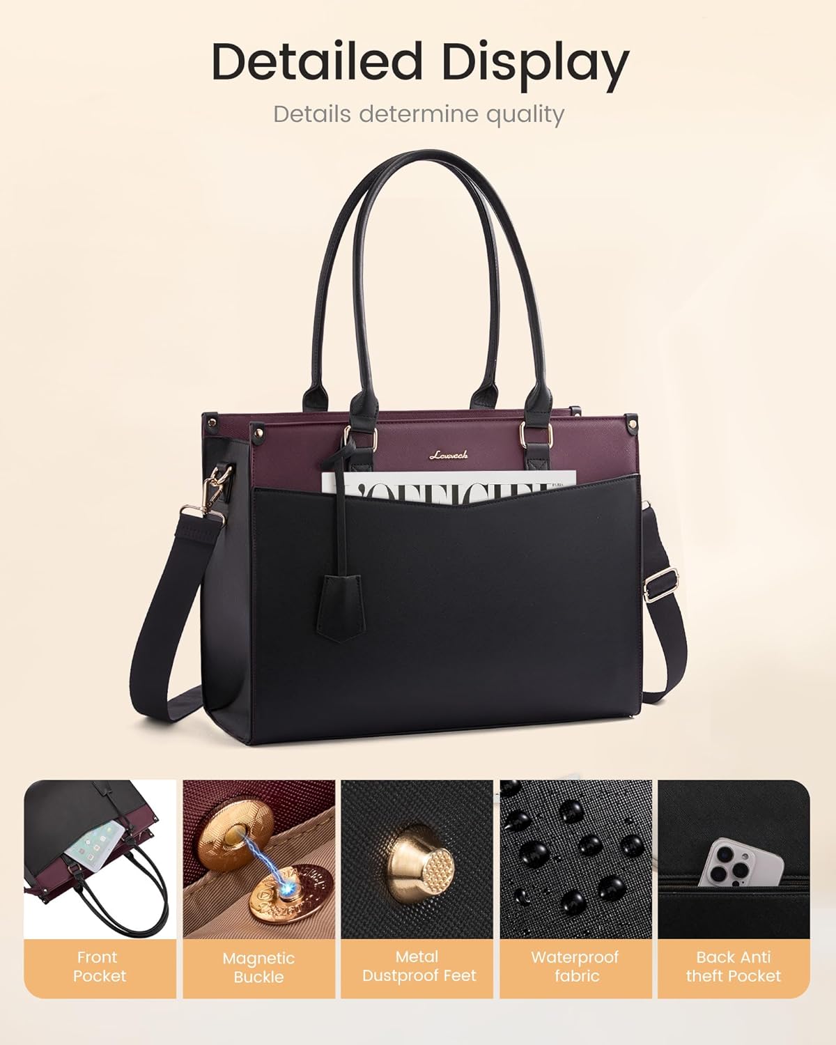 LOVEVOOK Laptop Bag for Women, 2-in-1 Tote Purse with Clutch & Cup Holder, Waterproof Briefcase for Work Travel