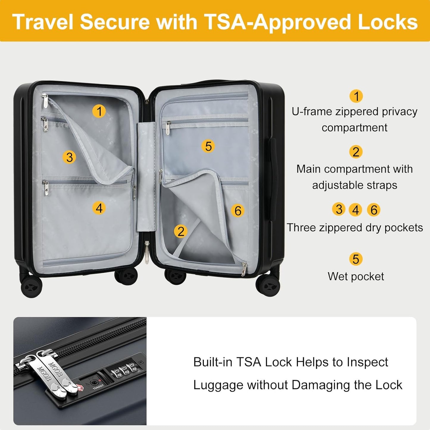 MGB Carry on Luggage 22 X 14 X 9 Airline Approved Suitcase with Wheels,20 Inch Travel Suitcase Lightweight with Spinner wheels And Hard Luggage Airline Approved with TSA Lock Carry on