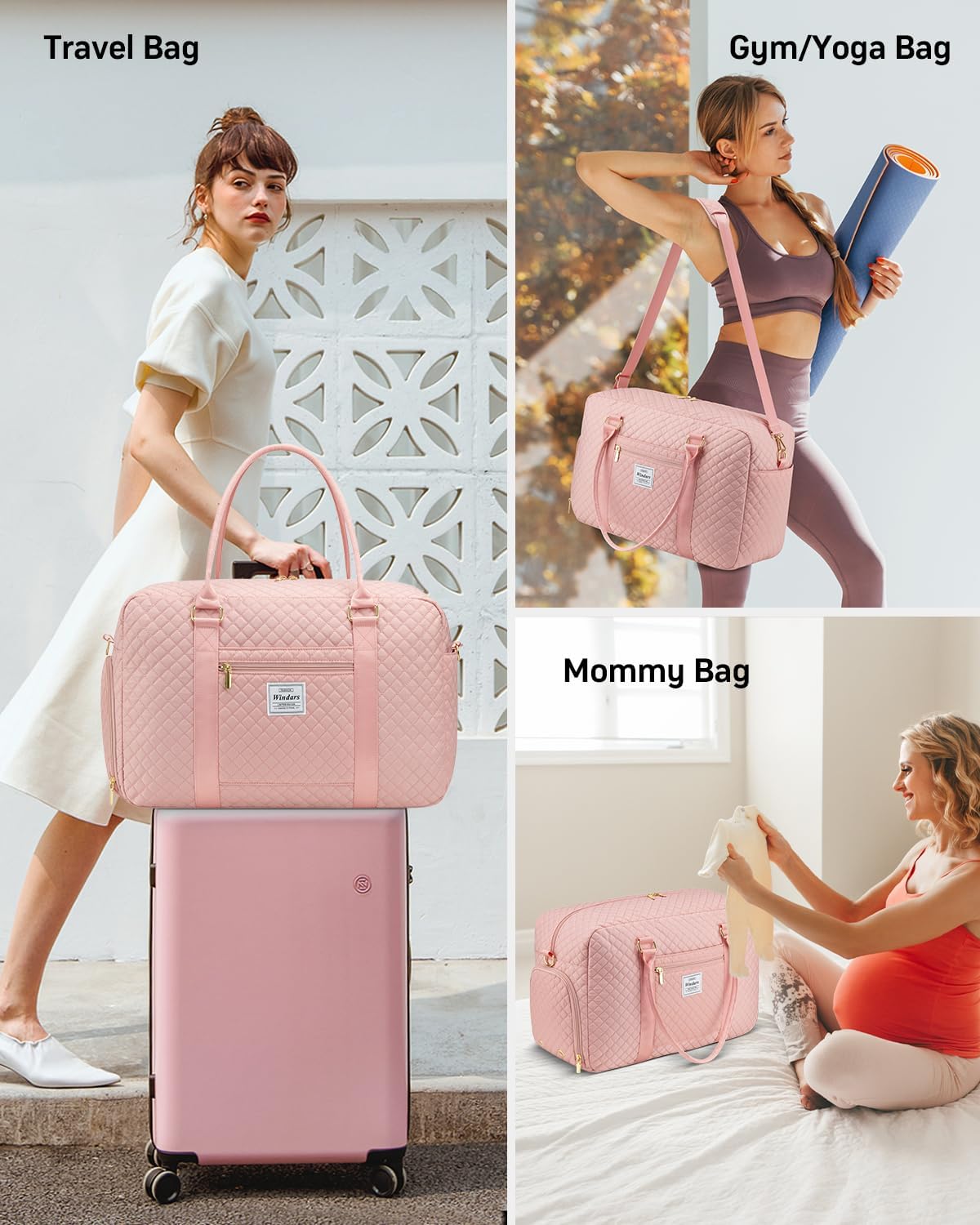 Travel Duffle Bag, Weekender Bags for Women with Shoe Compartment, Carry on Overnight Bag with Toiletry Bag & Wet Pocket, Hospital Bags for Labor and Delivery (Pink)