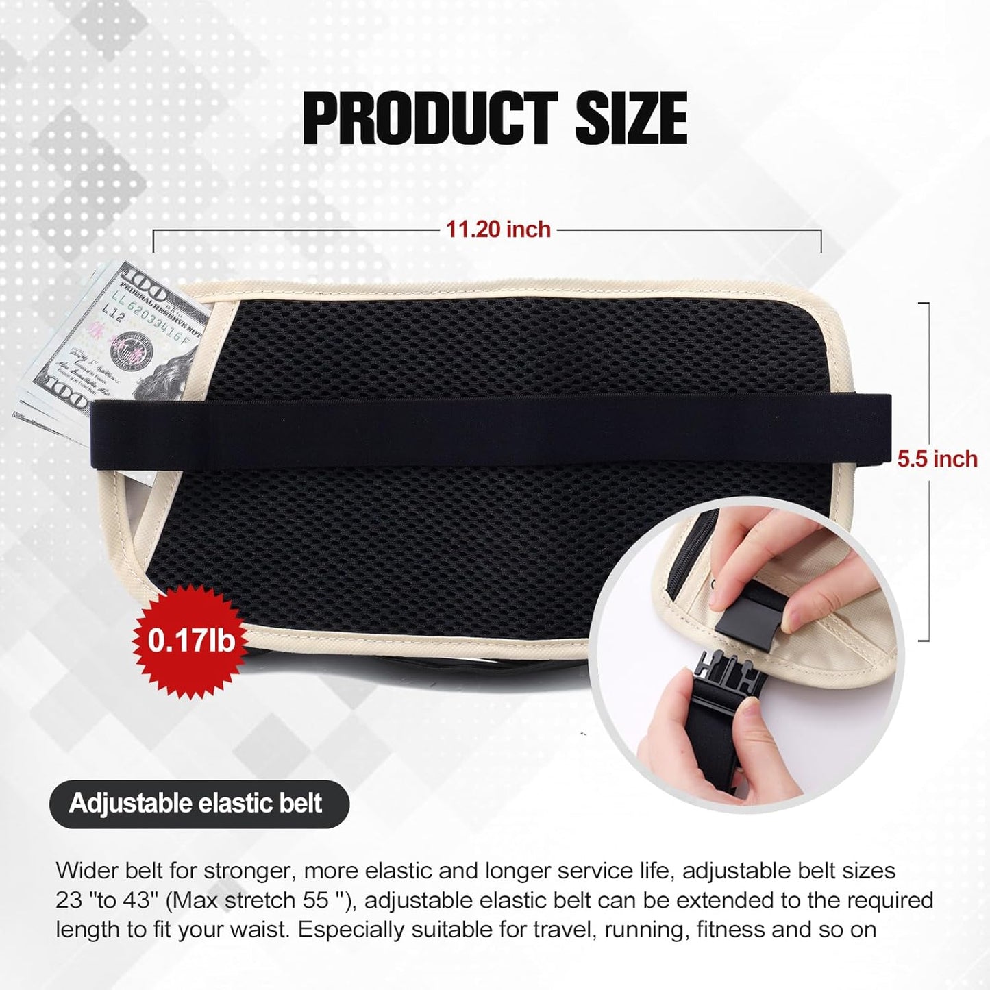 Unisex Money Belt For Men and Women, Slim Passport Holder RFID Blocking Travel Essentials Bags with Adjustable Strap Small Waist Pouch for Workout Running Travelling Hiking, Cream White