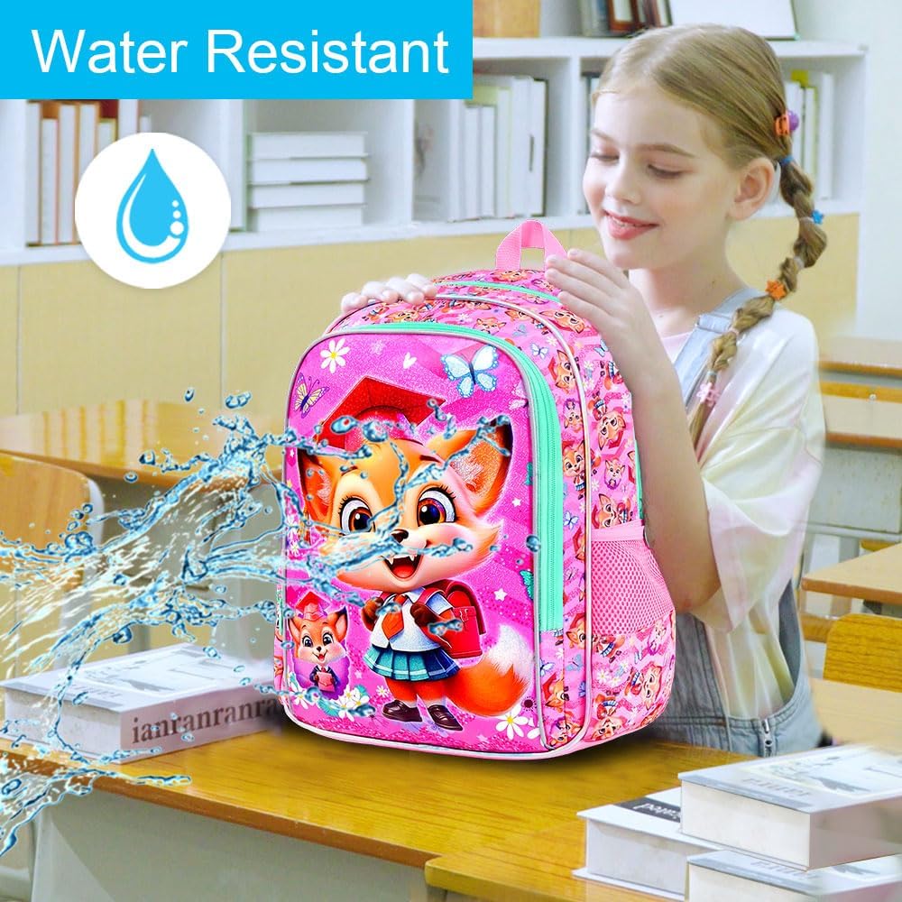 3PCS Girls Fox Backpack, 16" Kids Bookbag with Lunch Box, Water Resistant Elementary Preschool Toddler School Bag - Pink Dr. Fox